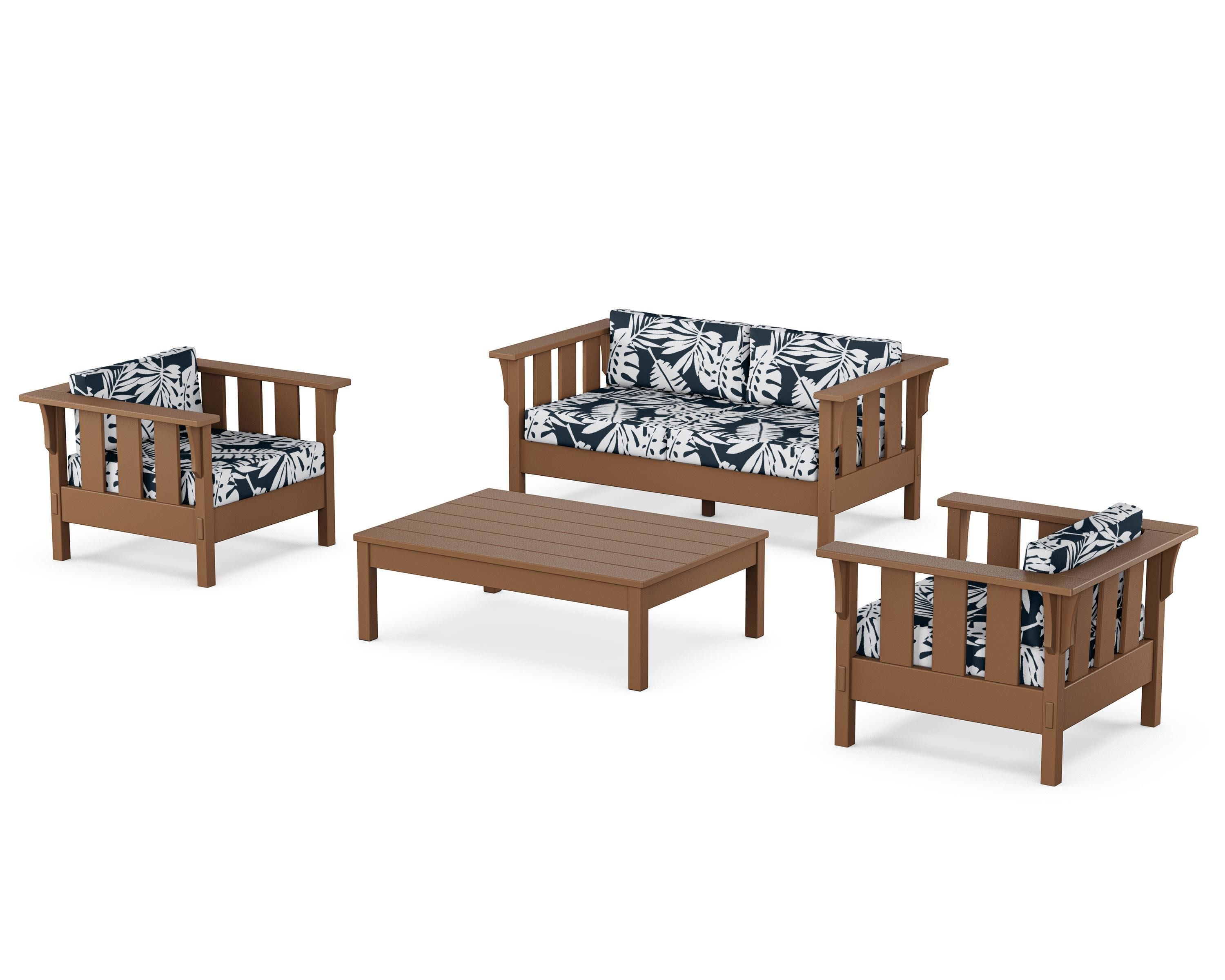 Acadia 4-Piece Deep Seating Set with Loveseat in Teak / Leaf Marine Indigo