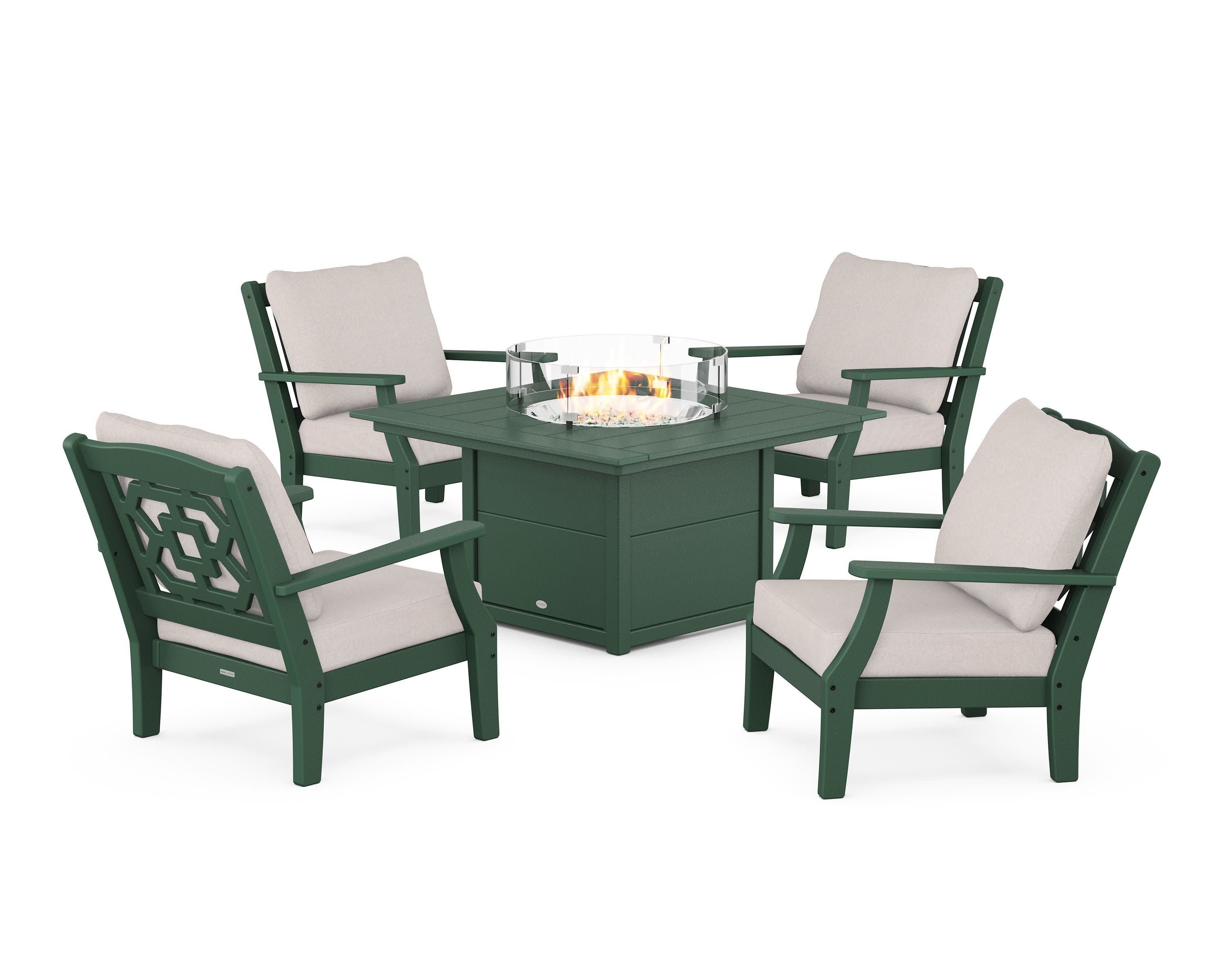 Chinoiserie 5-Piece Deep Seating Set with Fire Pit Table in Green / Dune Burlap