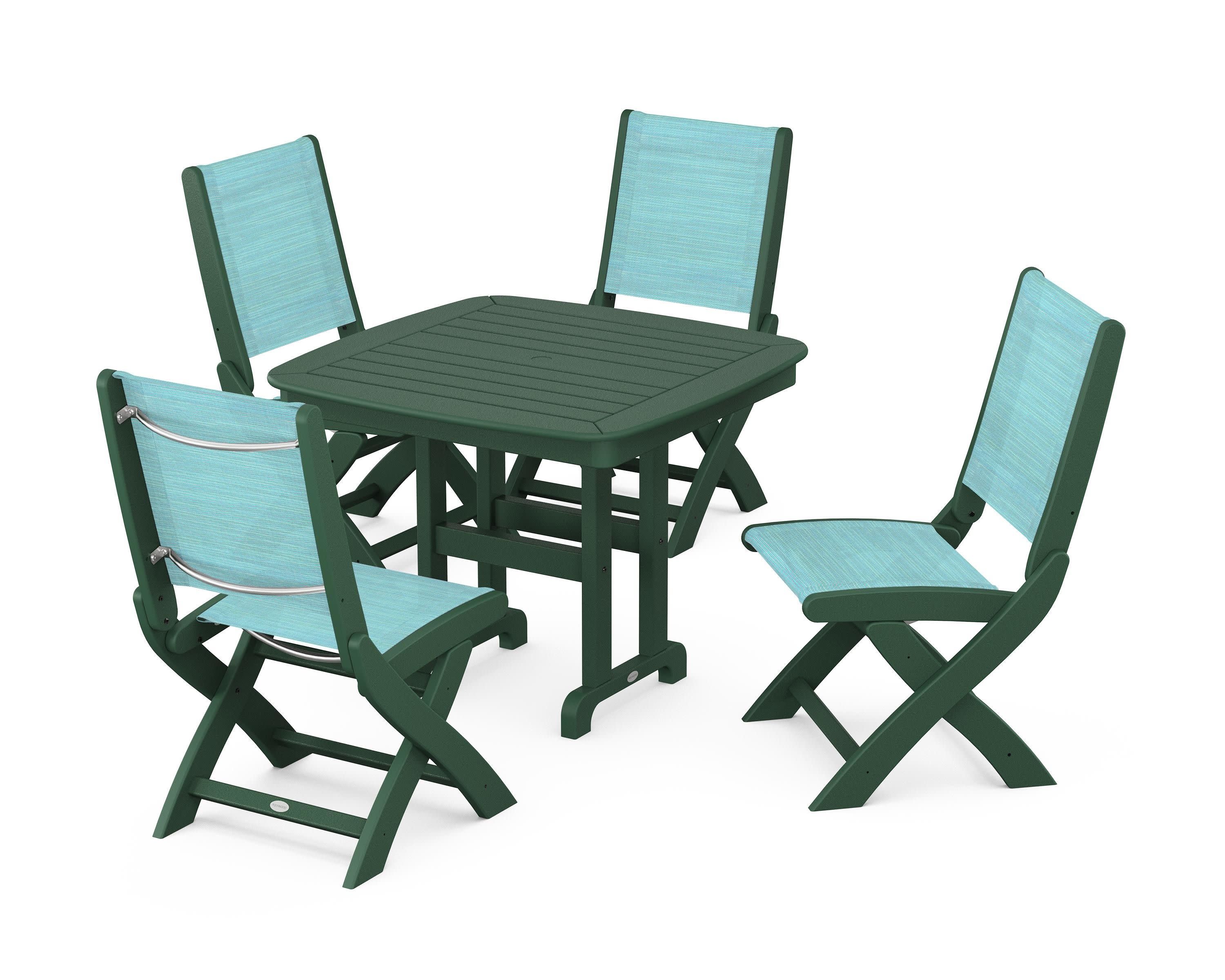 Coastal Folding Side Chair 5-Piece Dining Set in Green / Dupioni Aquamarine Sling