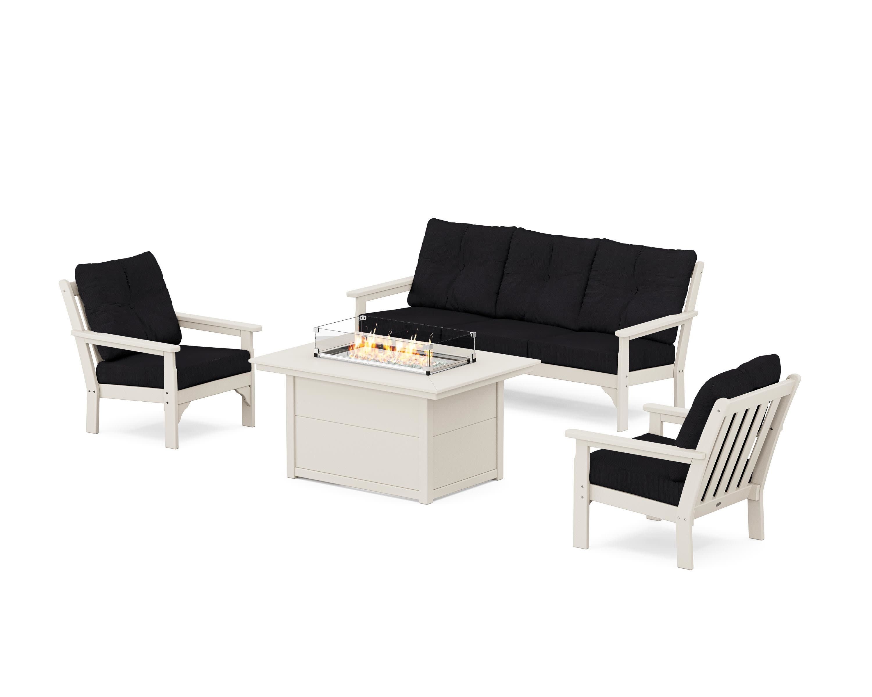 Vineyard Deep Seating Fire Pit Table Set in Sand / Midnight Linen
