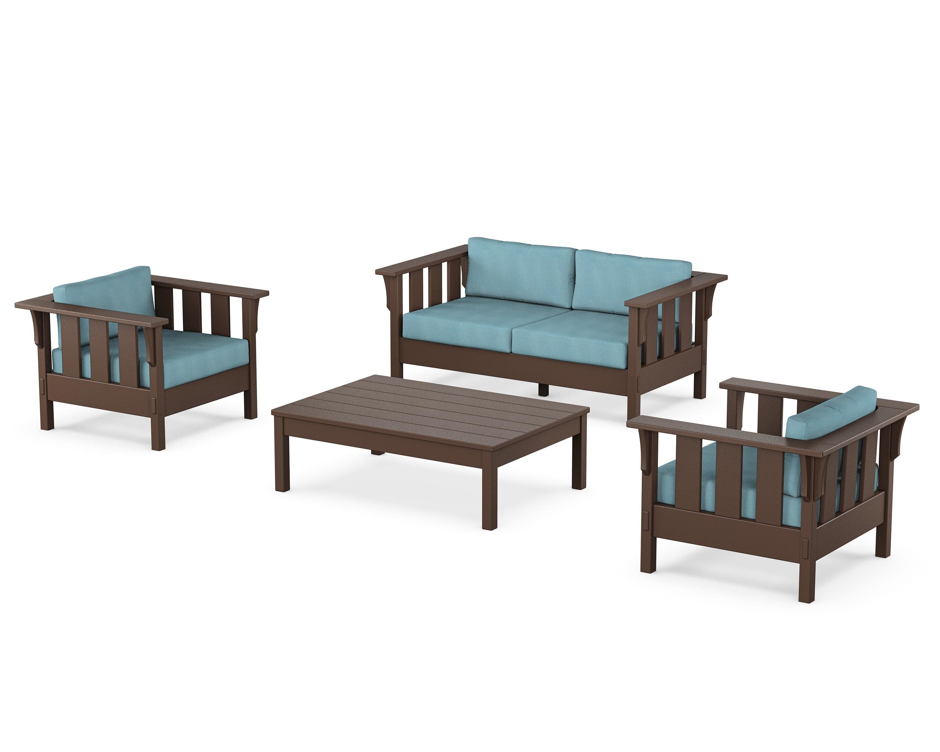 Acadia 4-Piece Deep Seating Set with Loveseat in Mahogany / Lattice Sky Blue