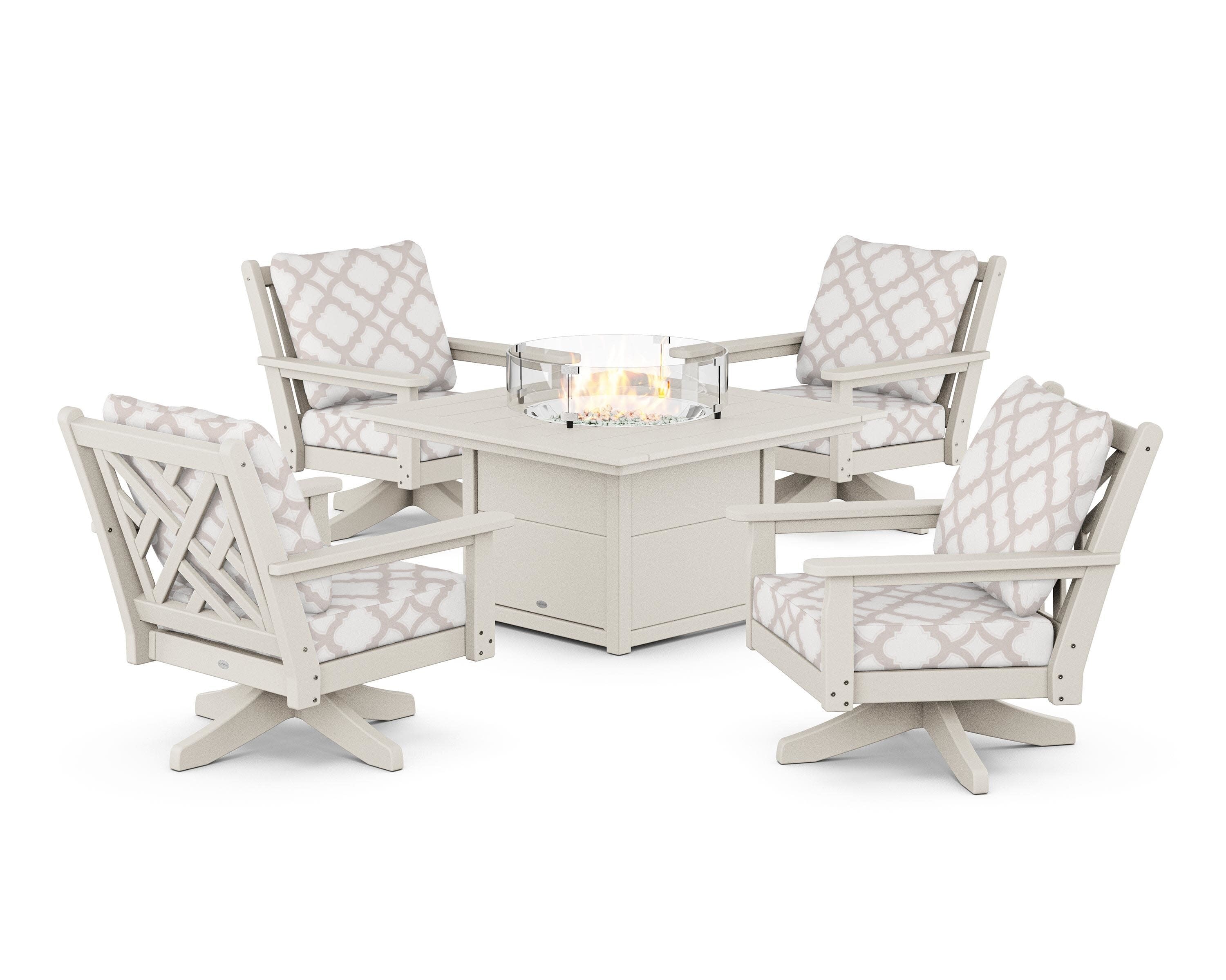 Chippendale 5-Piece Deep Seating Swivel Conversation Set with Fire Pit Table in Sand / Trellis Dune Burlap
