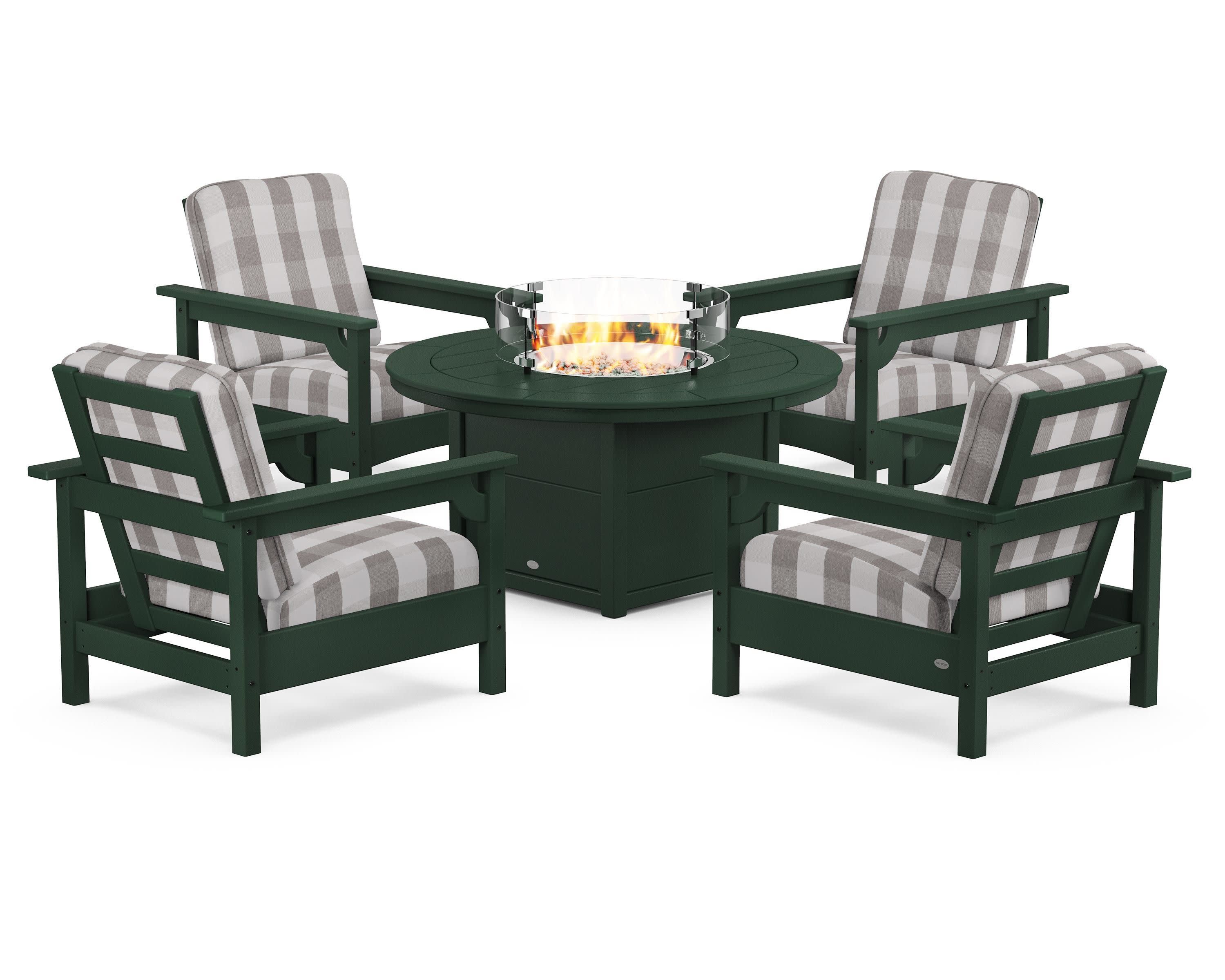 Club 5-Piece Conversation Set with Fire Pit Table in Green / Buffalo Plaid Grey Mist