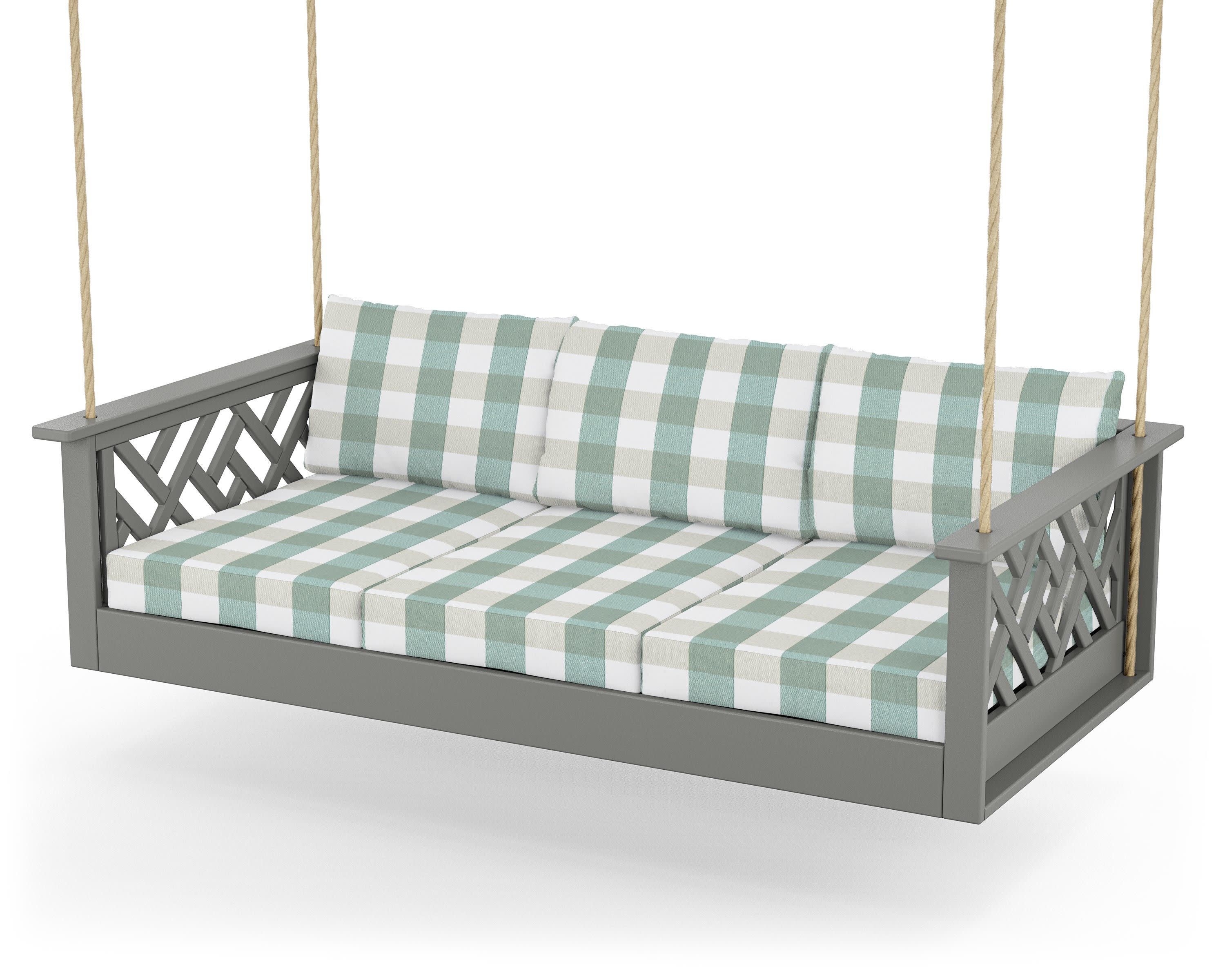 Chippendale Daybed Swing in Slate Grey / Buffalo Plaid Glacier Spa