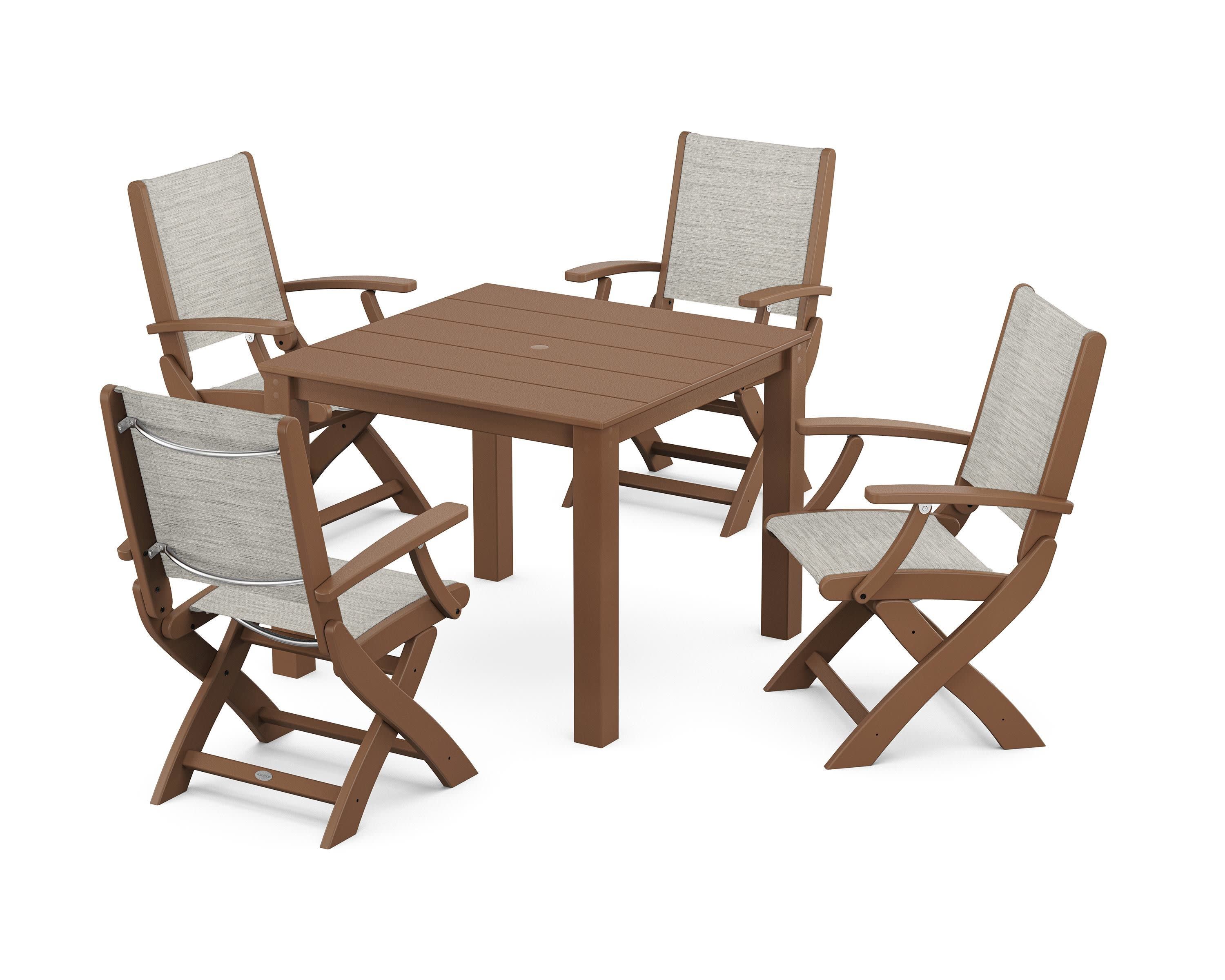 Coastal Folding Chair 5-Piece Parsons Dining Set in Teak / Birch Sling