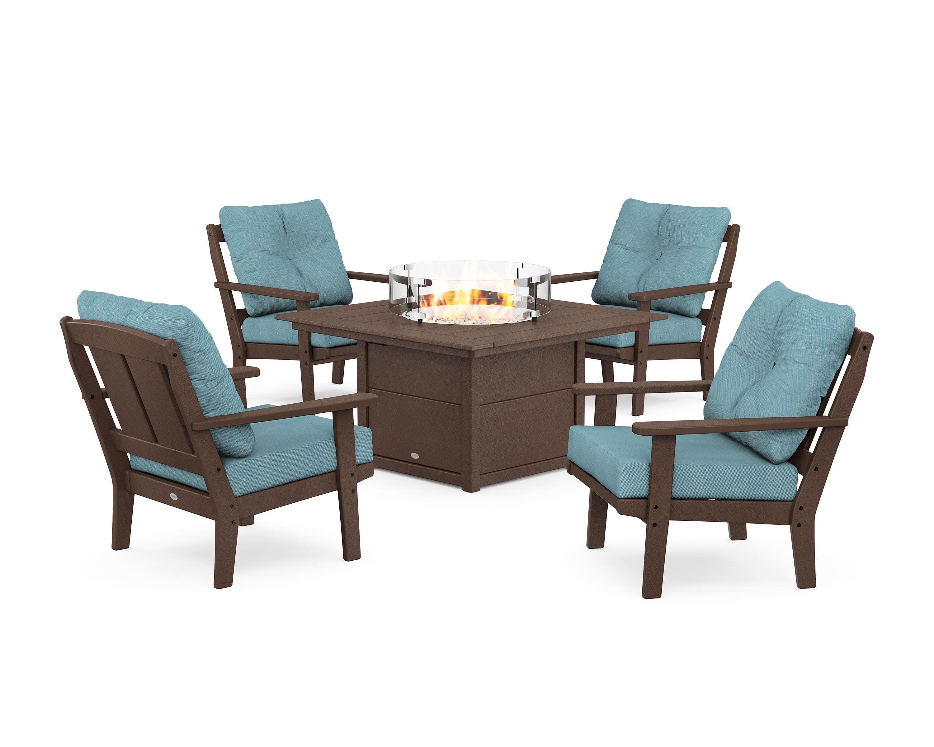 Mission 5-Piece Deep Seating Set with Fire Pit Table in Mahogany / Lattice Sky Blue