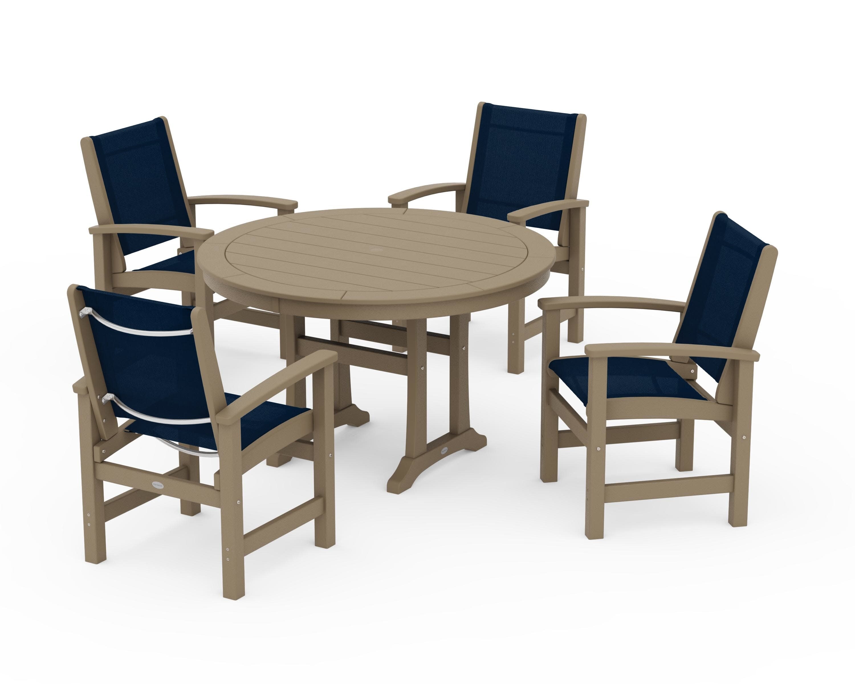 Coastal 5-Piece Round Dining Set with Trestle Legs in Vintage Sahara / Navy Blue Sling
