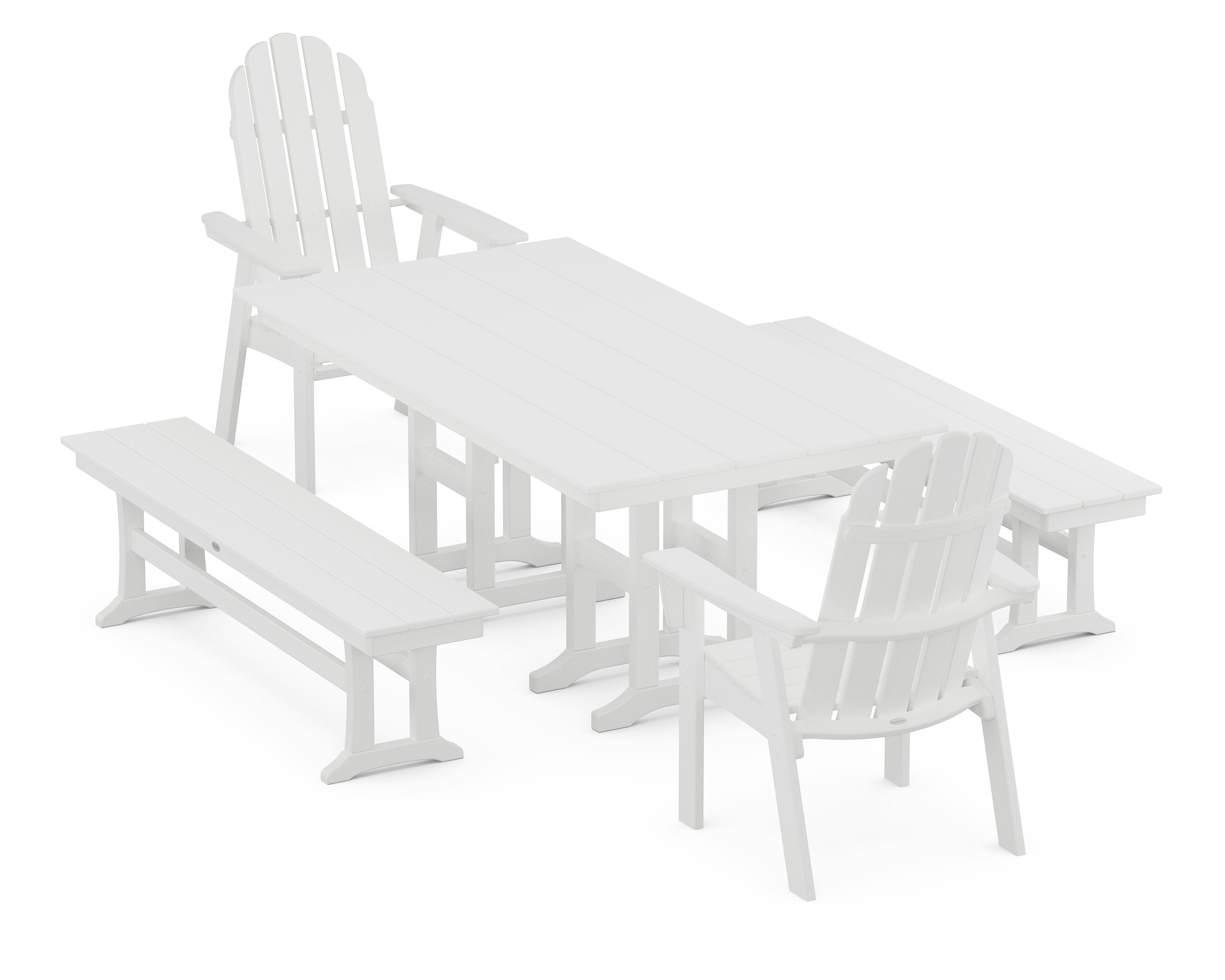 Vineyard Curveback Adirondack 5-Piece Farmhouse Dining Set with Benches in White