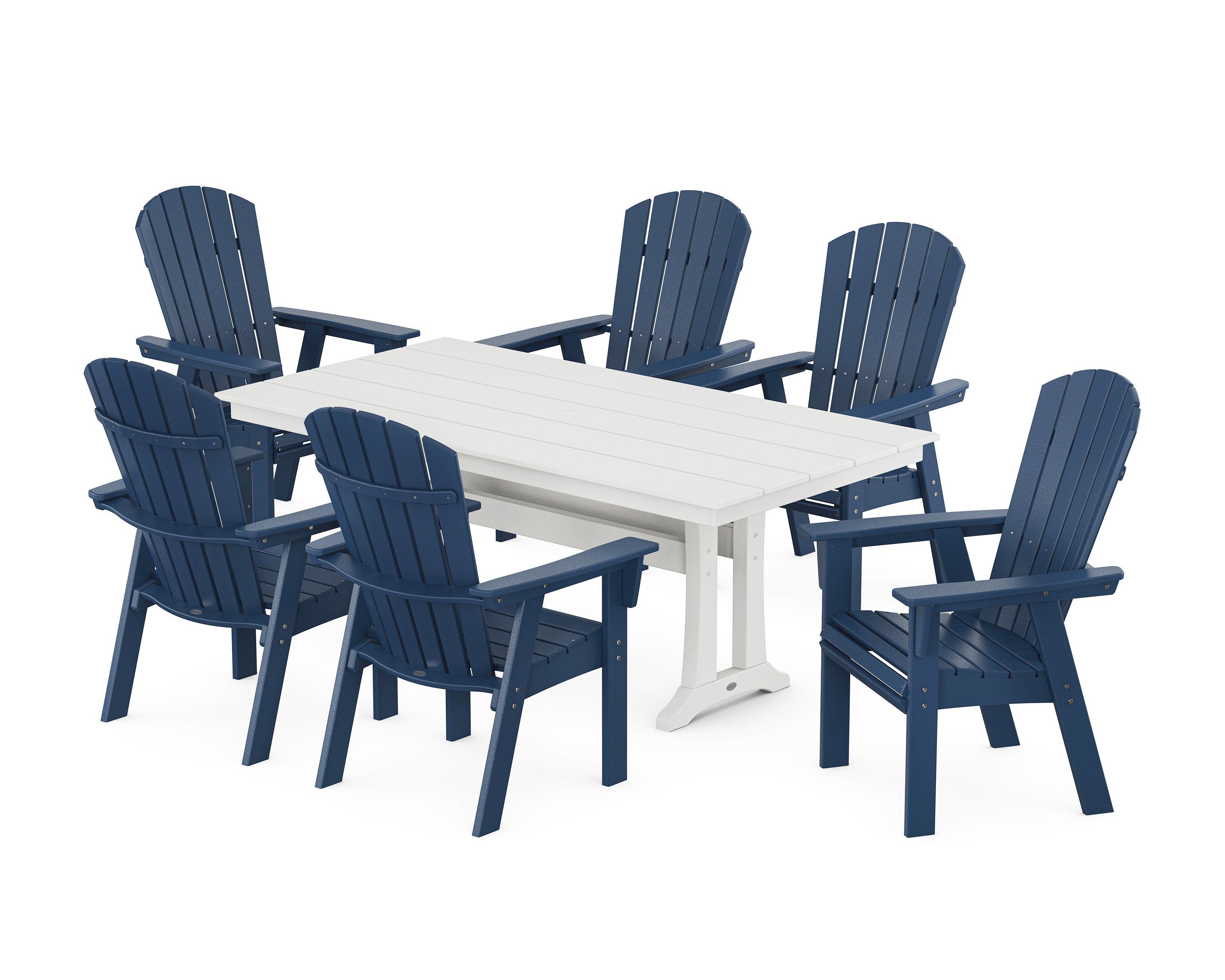 Nautical Curveback Adirondack 7-Piece Farmhouse Dining Set with Trestle Legs in Navy / White