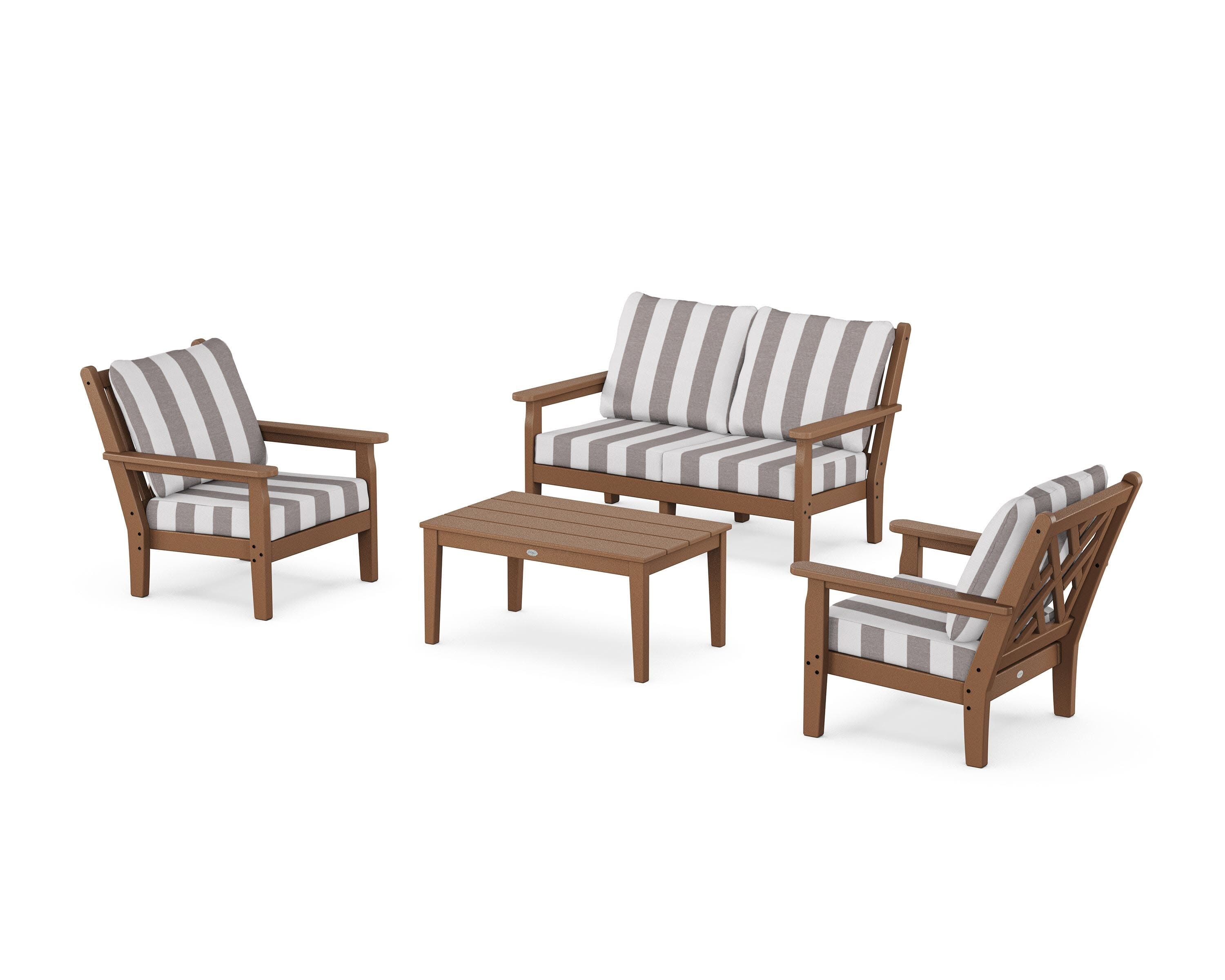 Chippendale 4-Piece Deep Seating Set with Loveseat in Teak / Cabana Stripe Grey Mist
