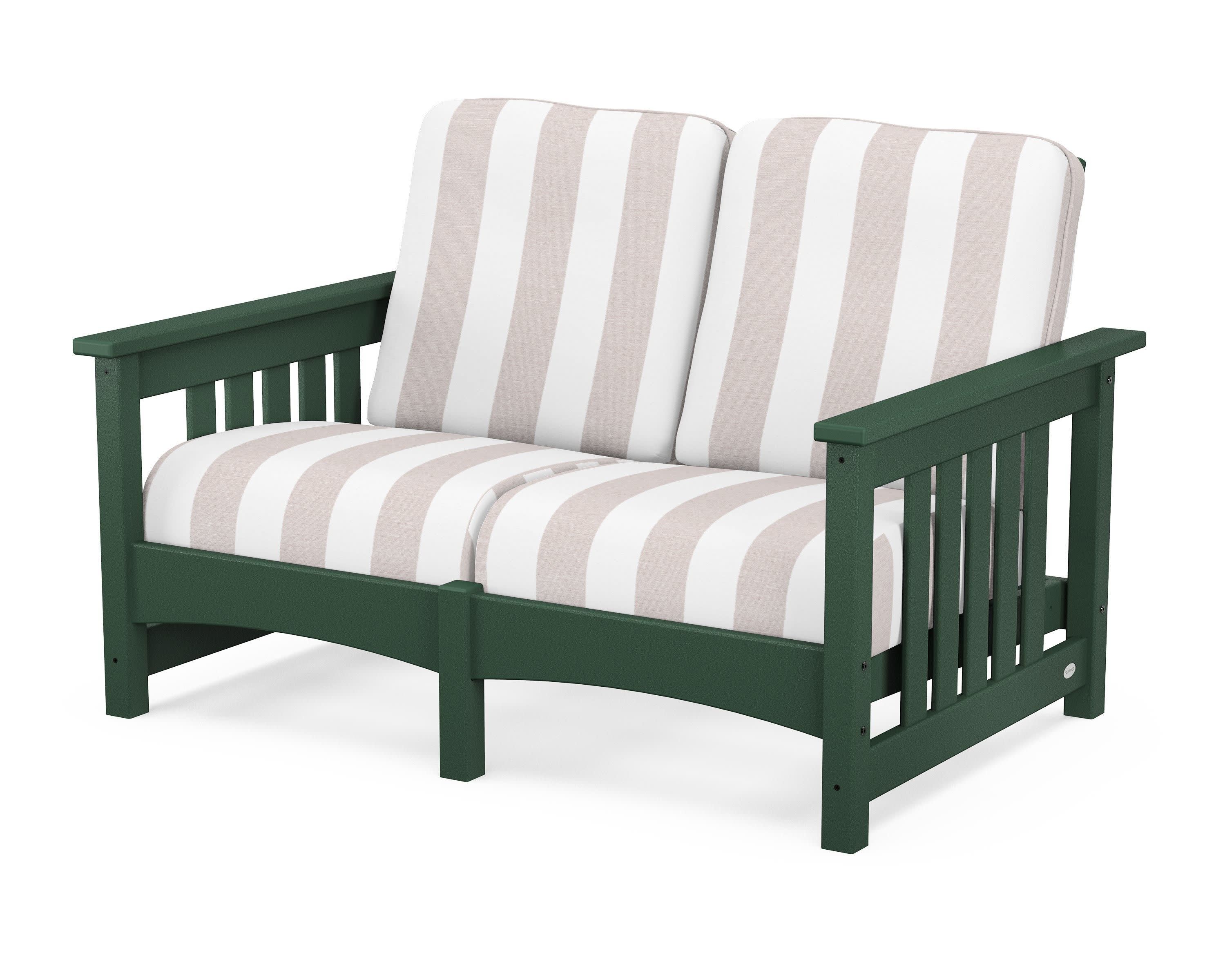 Club Mission Loveseat in Green / Cabana Stripe Dune Burlap
