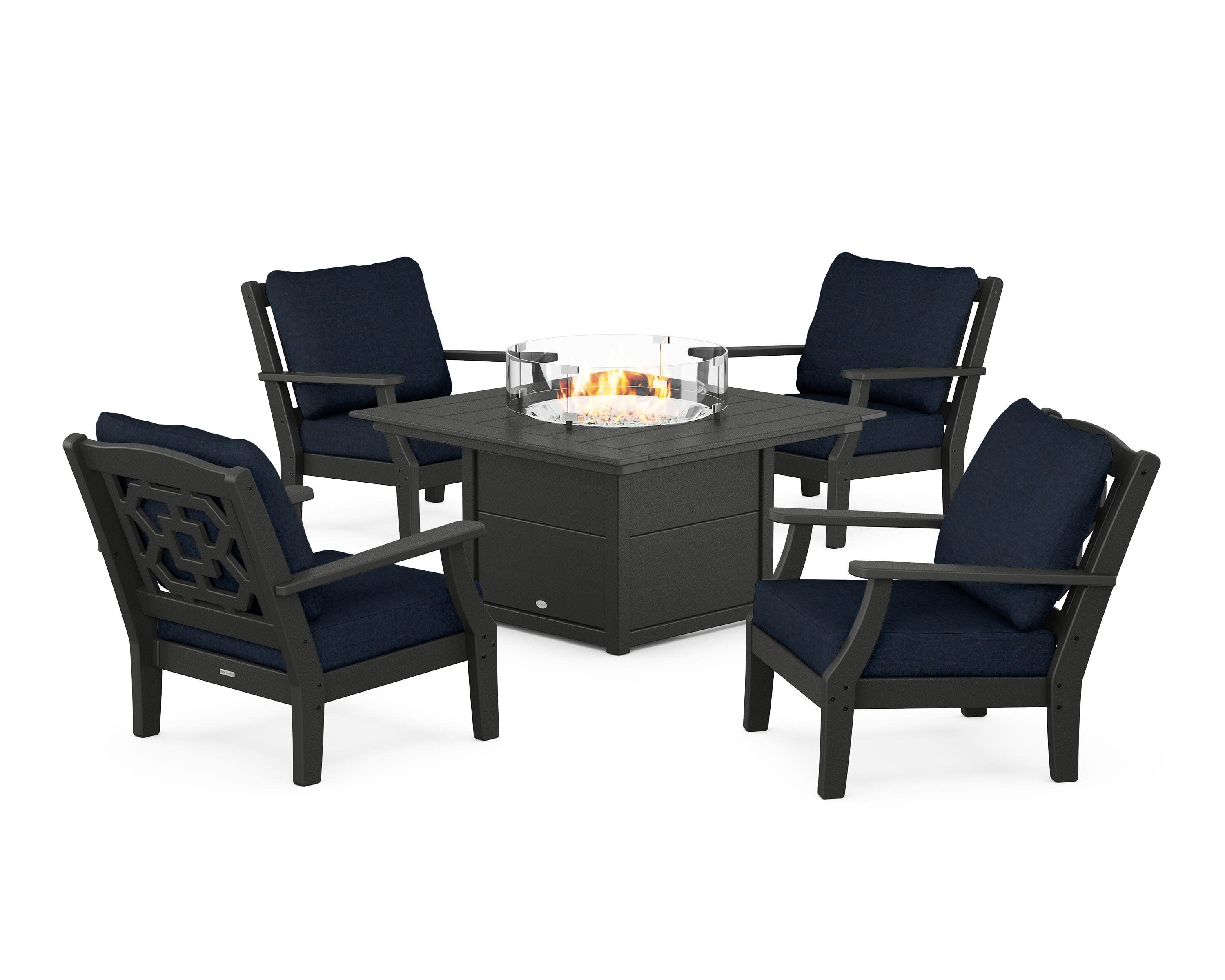Chinoiserie 5-Piece Deep Seating Set with Fire Pit Table in Black / Marine Indigo