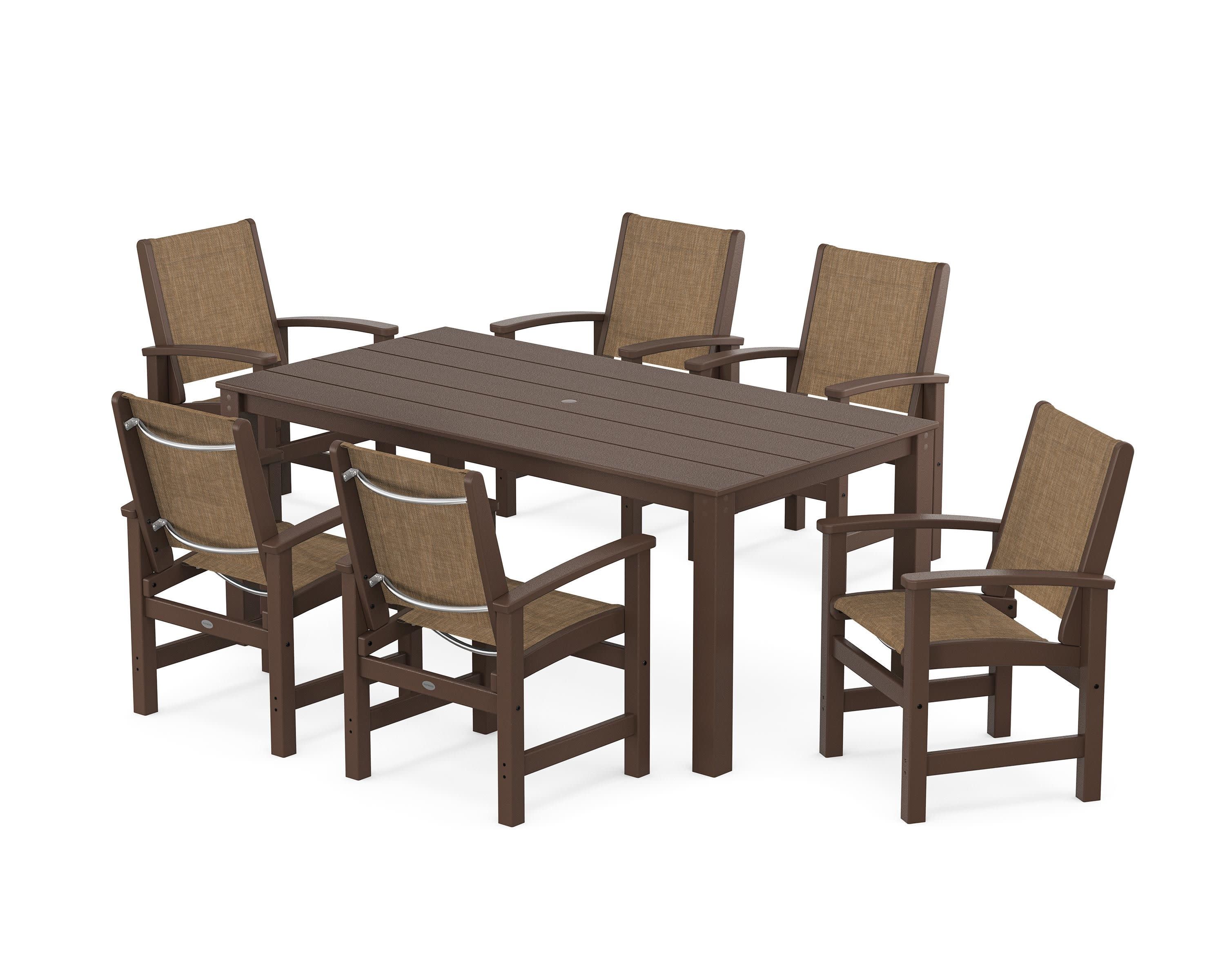Coastal 7-Piece Parsons Dining Set in Mahogany / Burlap Sling