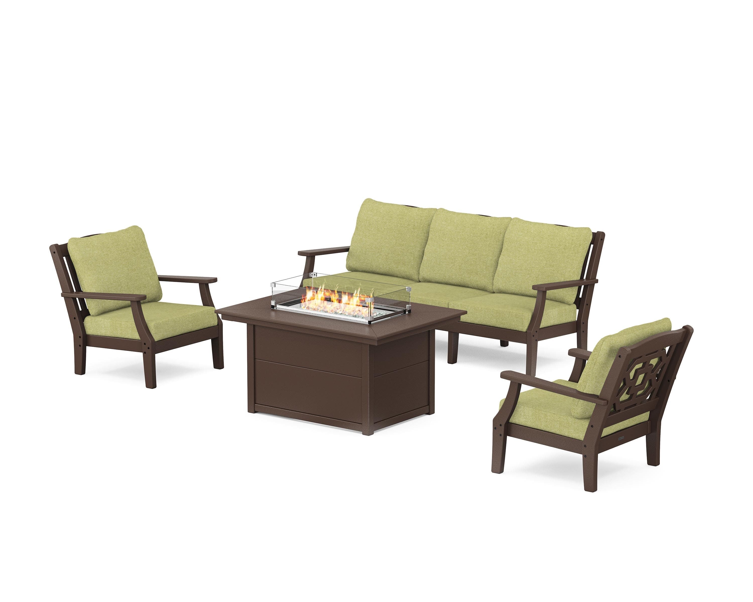 Chinoiserie Deep Seating Fire Pit Table Set in Mahogany / Chartreuse Boucle