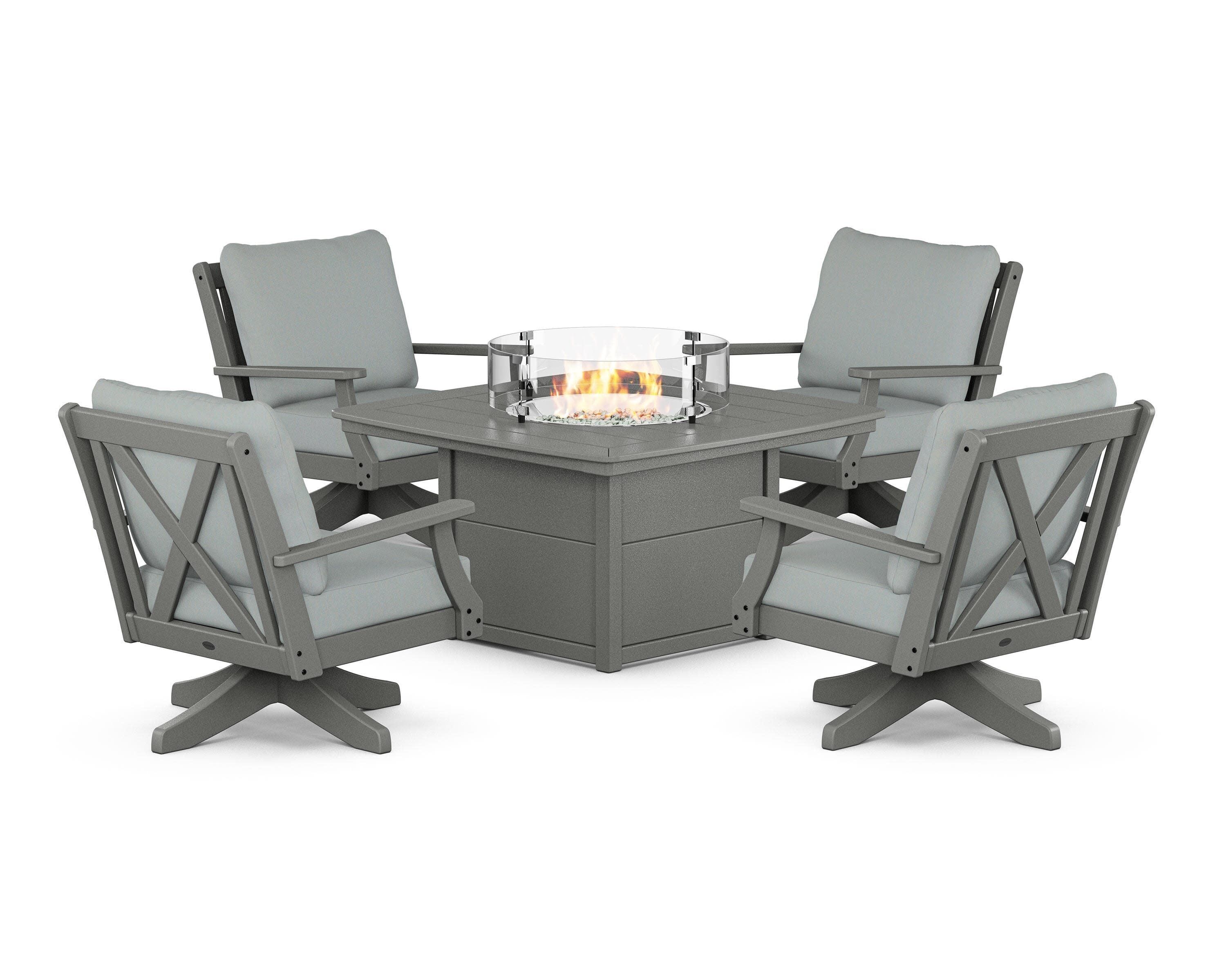 Braxton 5-Piece Deep Seating Swivel Conversation Set with Fire Pit Table in Slate Grey / Spa