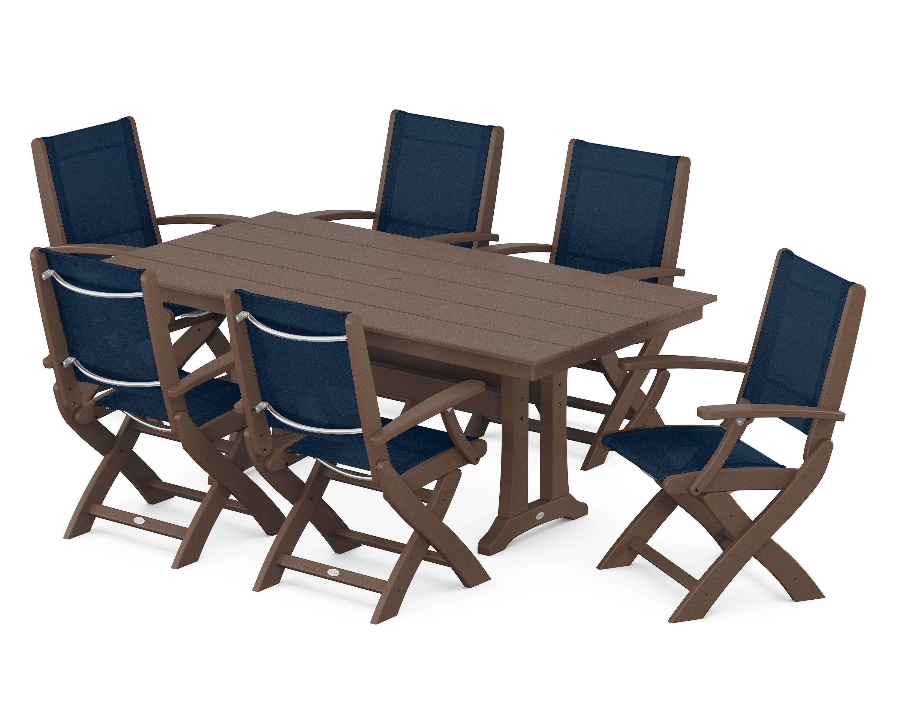 Coastal Folding Arm Chair 7-Piece Farmhouse Dining Set with Trestle Legs in Mahogany / Navy Blue Sling