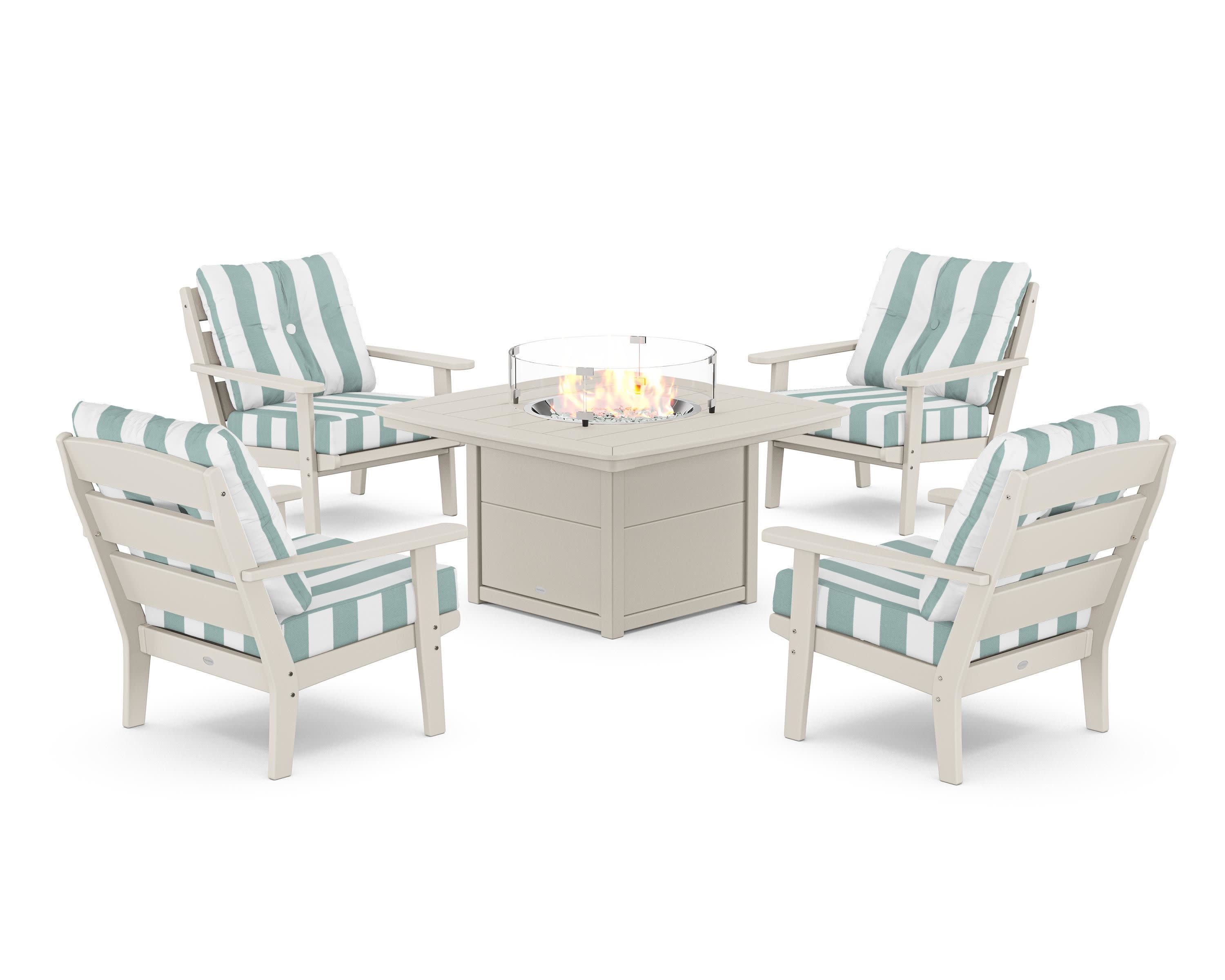 Lakeside 5-Piece Deep Seating Set with Nautical Fire Pit Table in Sand / Cabana Stripe Glacier Spa
