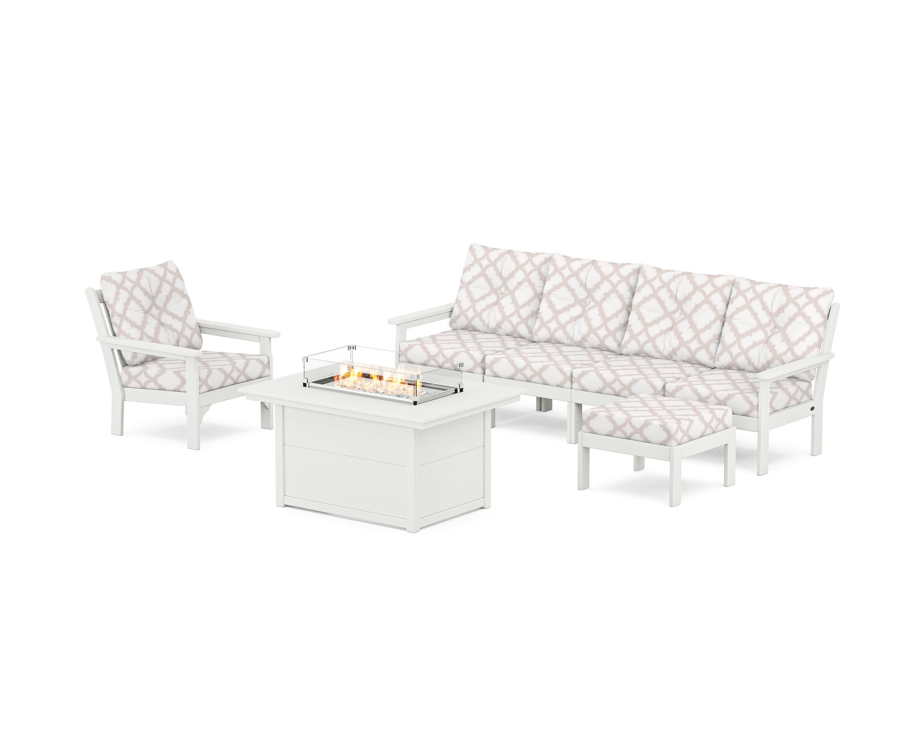 Vineyard Sectional Lounge and Fire Pit Set in Vintage White / Trellis Dune Burlap