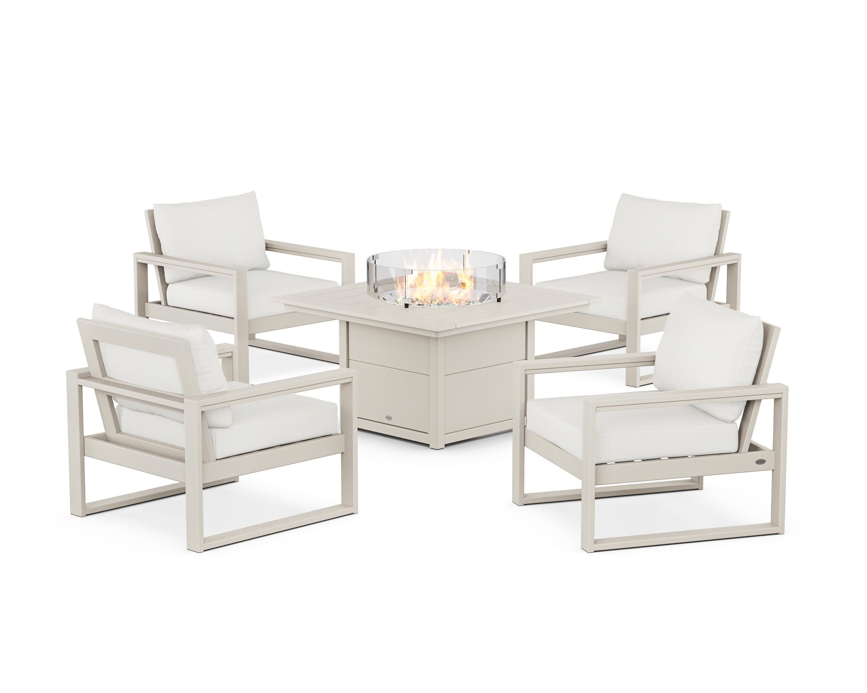 EDGE Sectional 5-Piece Deep Seating Set with Fire Pit Table in Sand / Natural Linen
