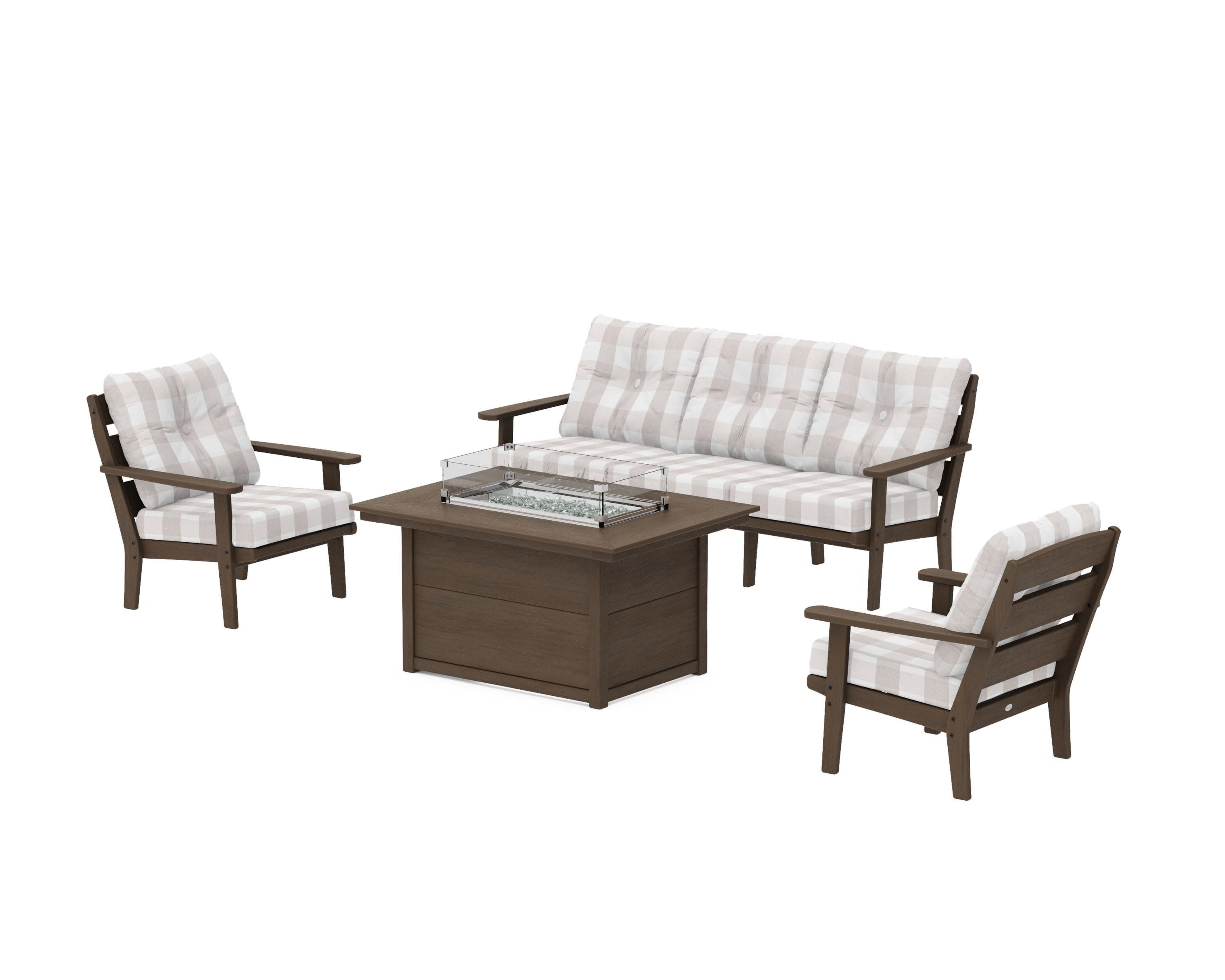 Lakeside Deep Seating Fire Pit Table Set in Kona / Buffalo Plaid Dune Burlap