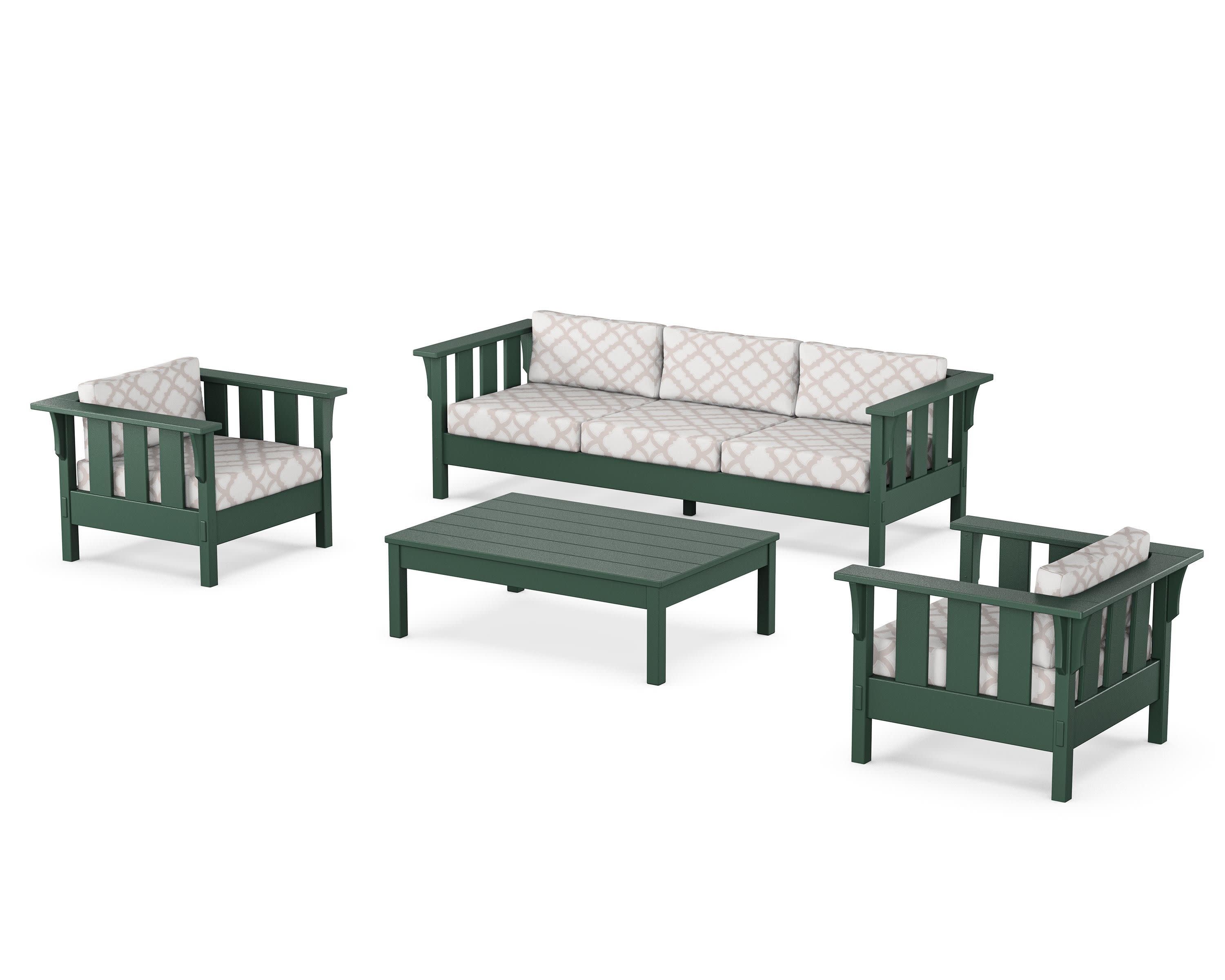 Acadia 4-Piece Deep Seating Set with Sofa in Green / Trellis Dune Burlap