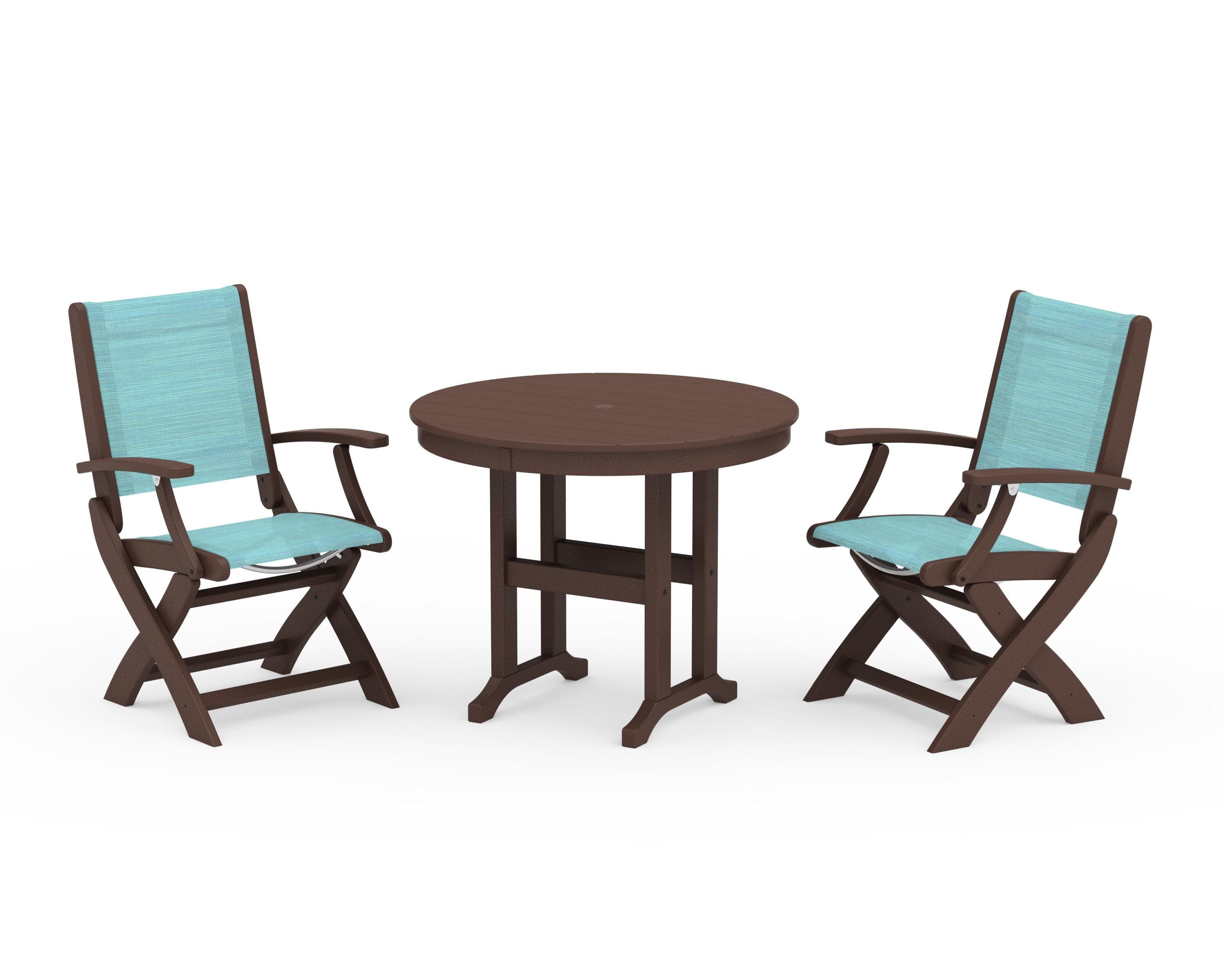 Coastal Folding Chair 3-Piece Round Dining Set in Mahogany / Dupioni Aquamarine Sling