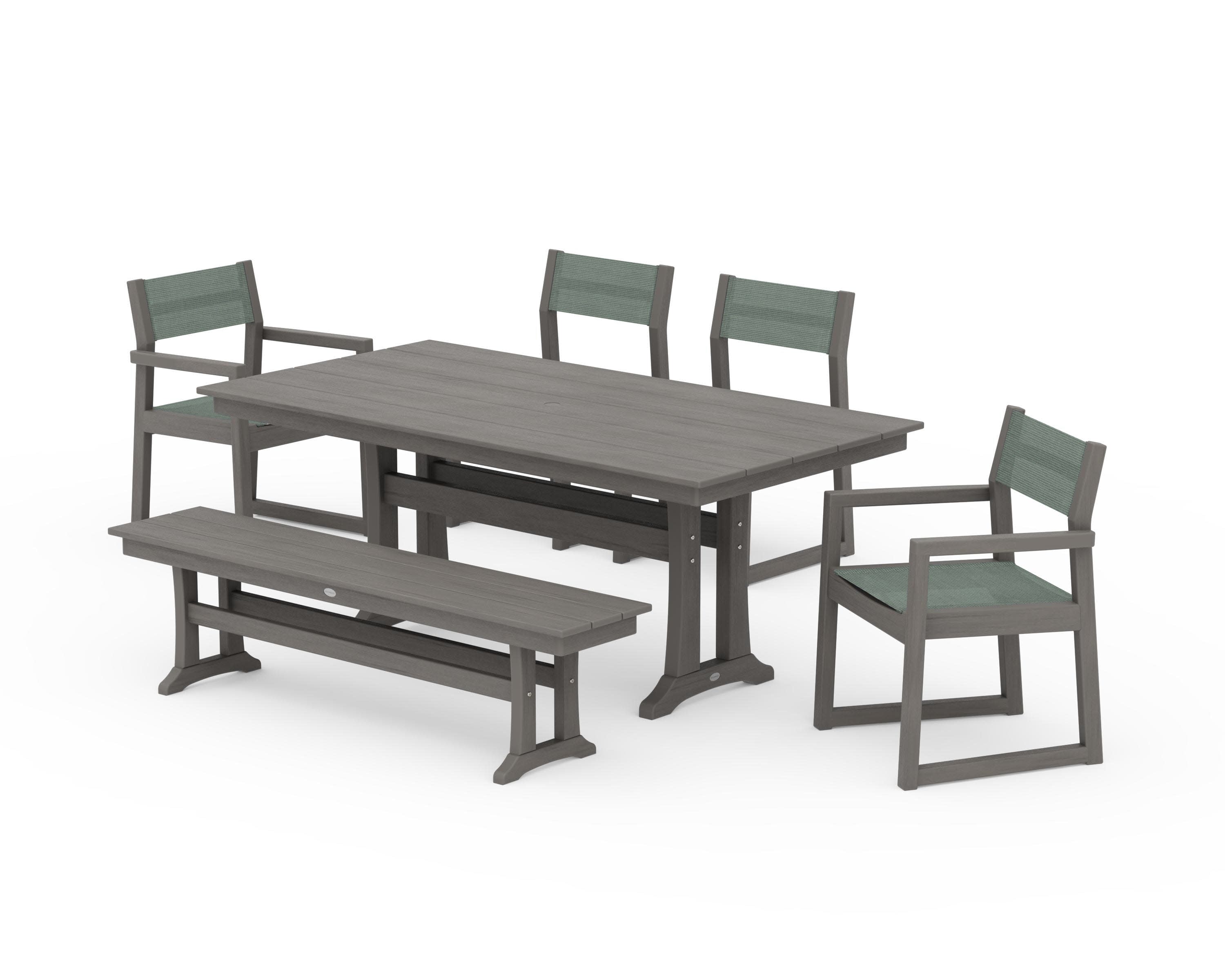 EDGE Sling 6-Piece Farmhouse Dining Set With Trestle Legs in Driftwood / Dupioni Sea Mist Sling