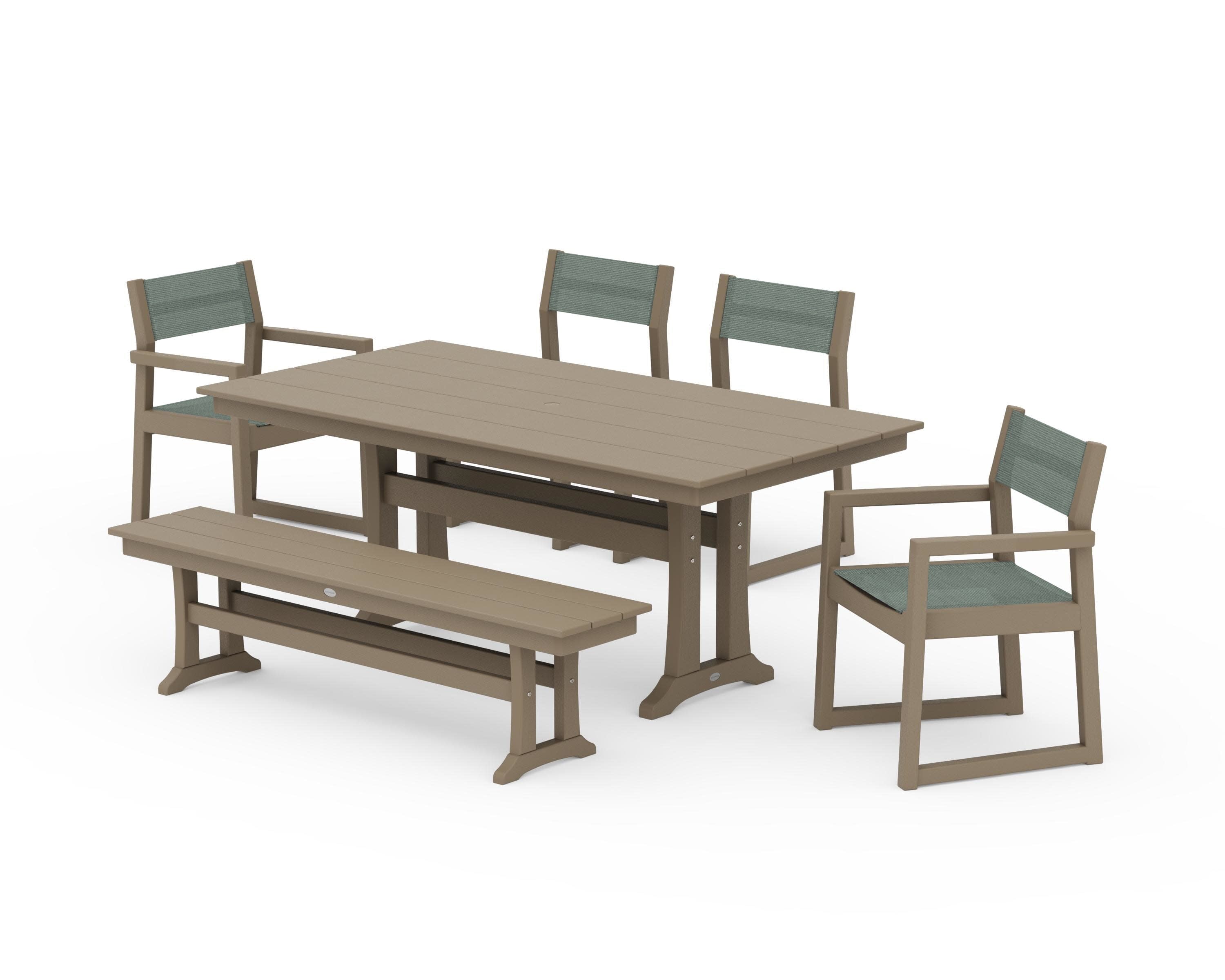 EDGE Sling 6-Piece Farmhouse Dining Set With Trestle Legs in Vintage Sahara / Dupioni Sea Mist Sling