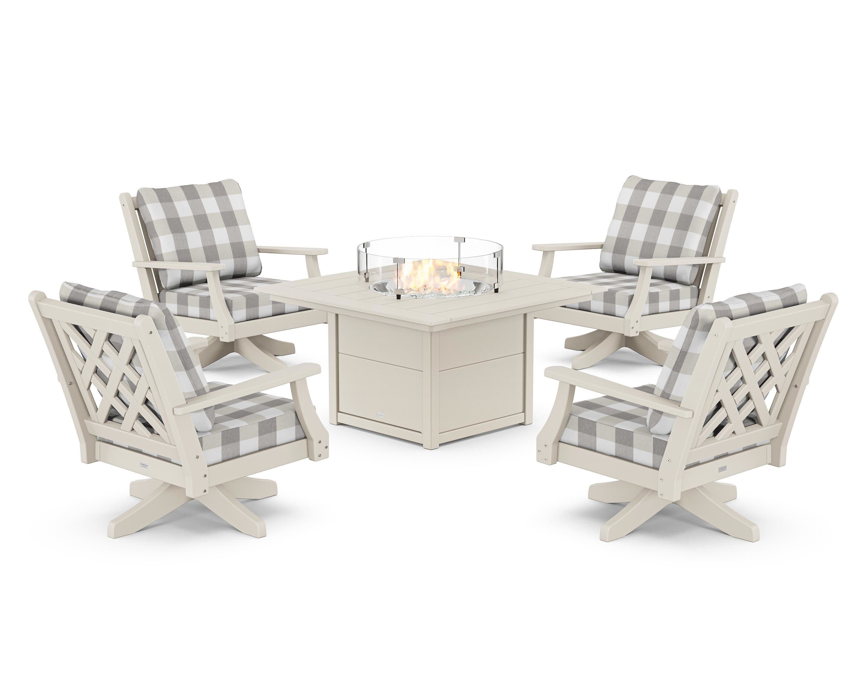 Wovendale 5-Piece Deep Seating Swivel Conversation Set with Fire Pit Table in Sand / Buffalo Plaid Grey Mist
