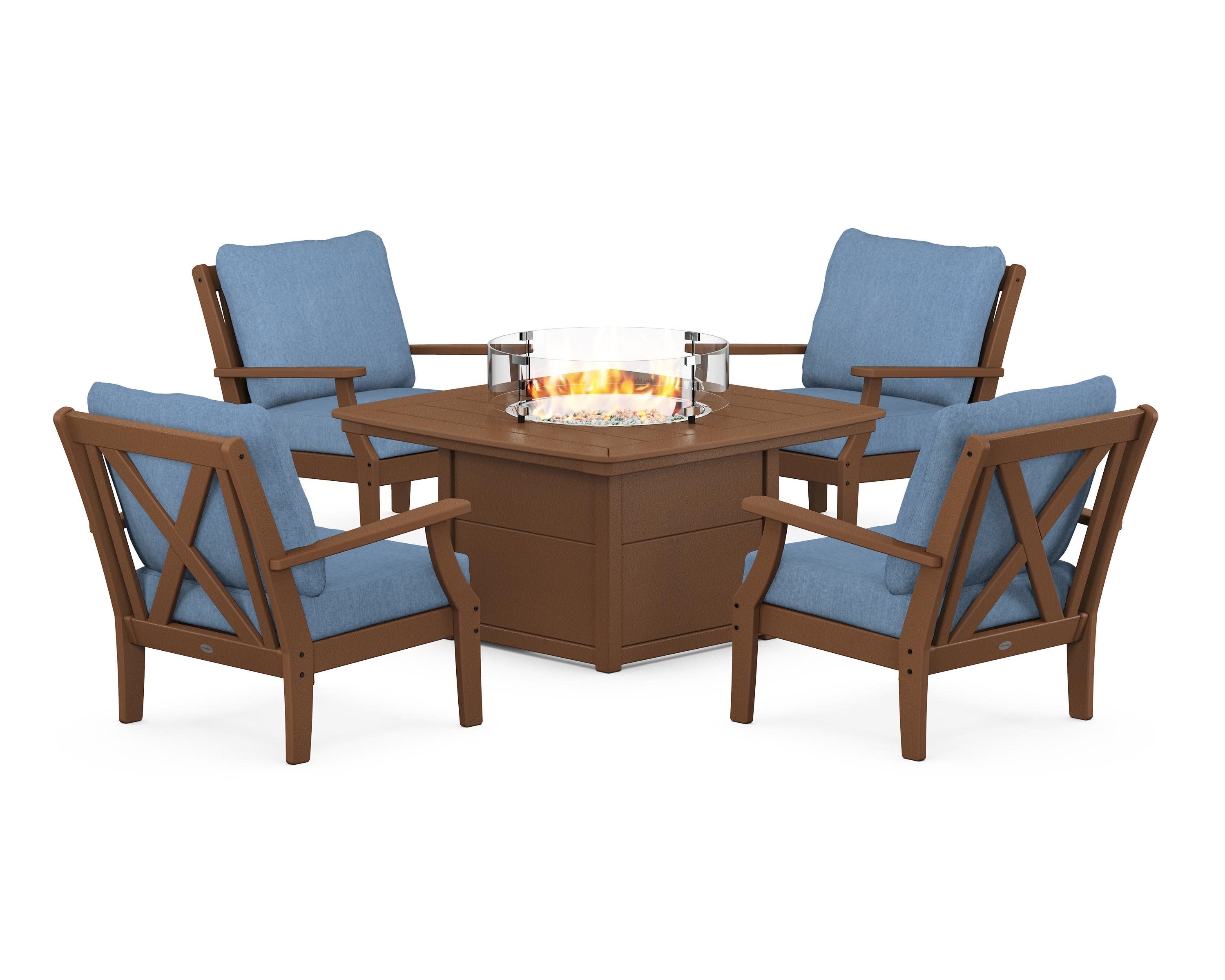 Braxton 5-Piece Deep Seating Conversation Set with Fire Pit Table in Teak / Sky Blue