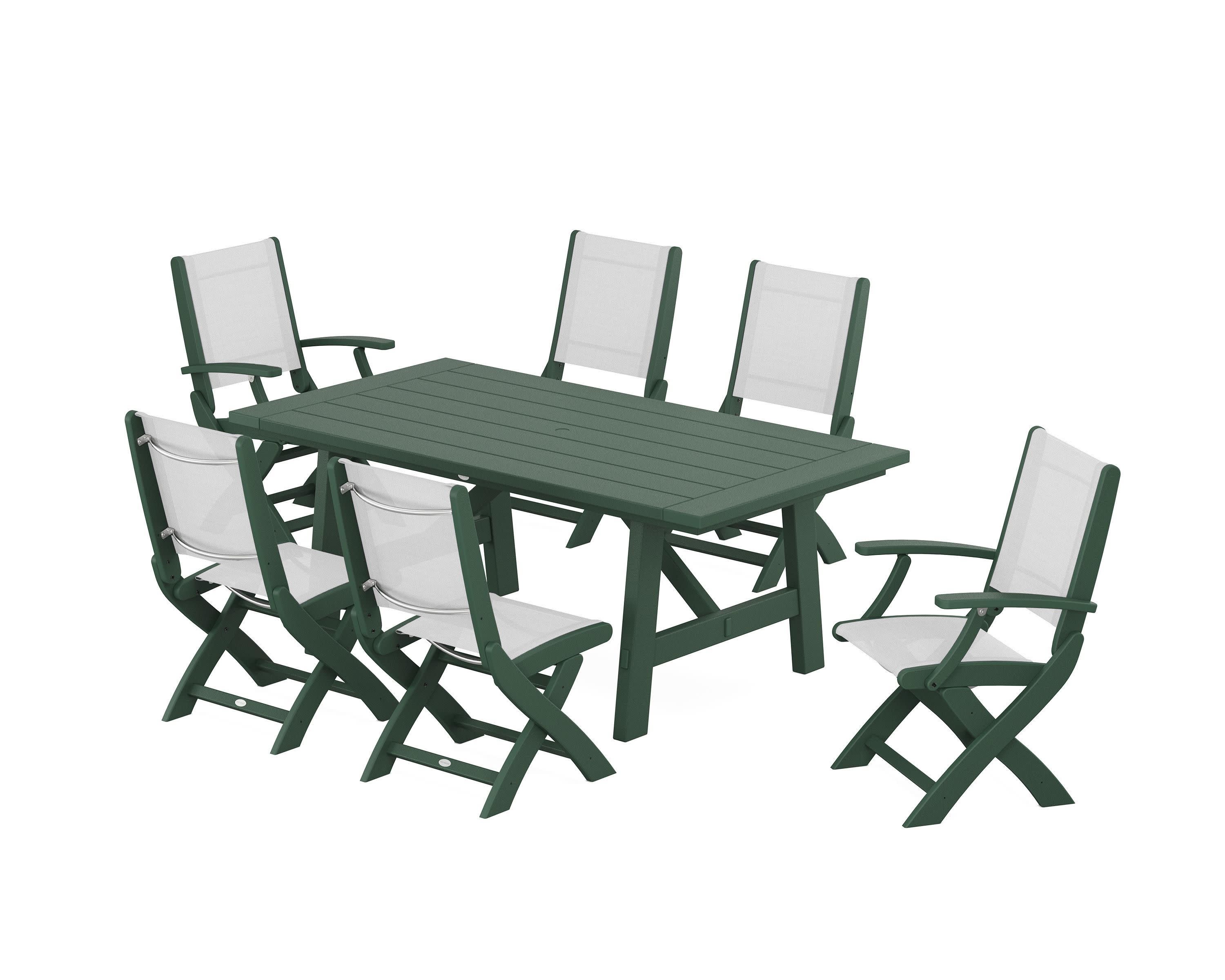 Coastal Folding Chair 7-Piece Rustic Farmhouse Dining Set in Green / White Sling