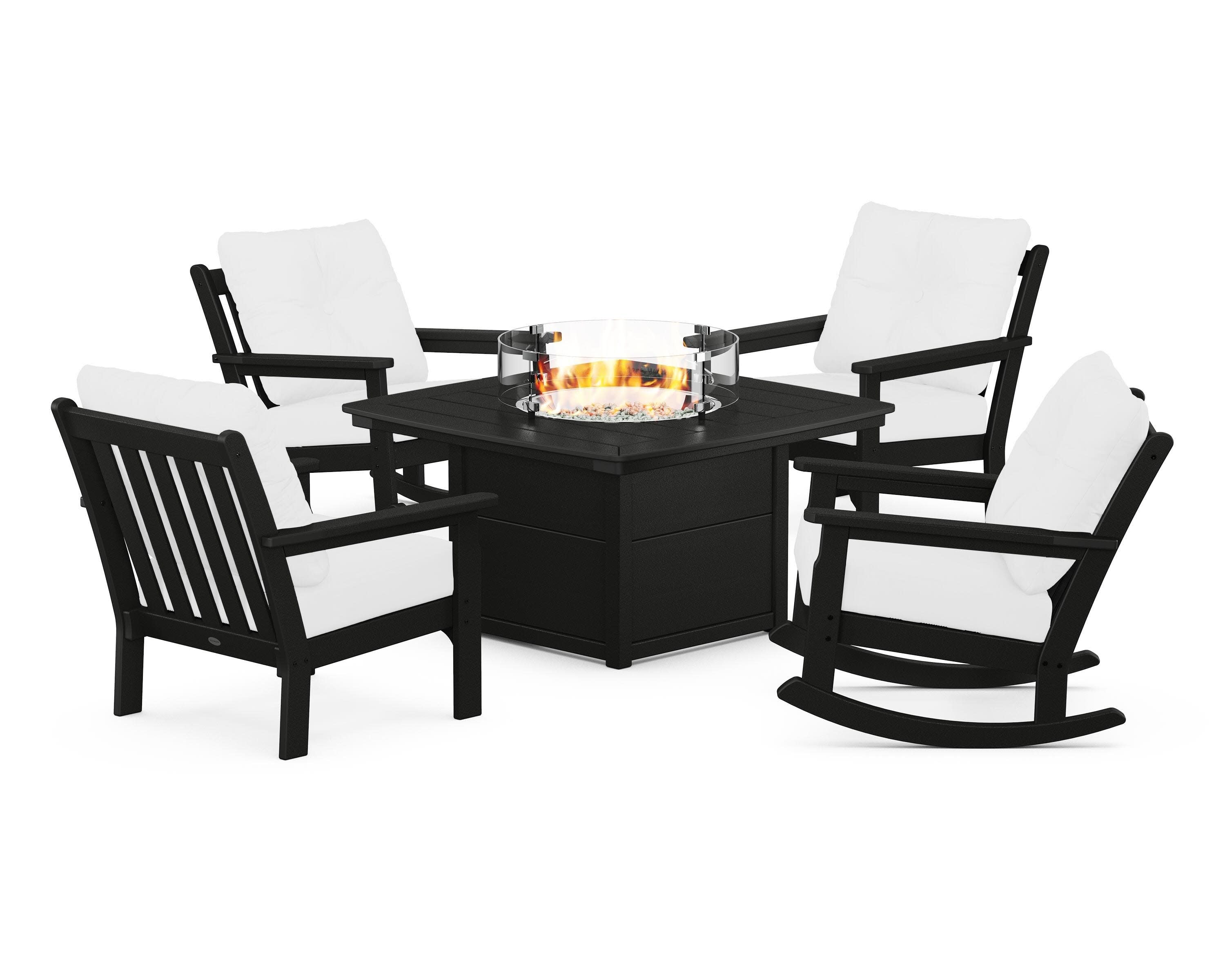 Vineyard 5-Piece Deep Seating Rocking Chair Conversation Set with Fire Pit Table in Black / Natural