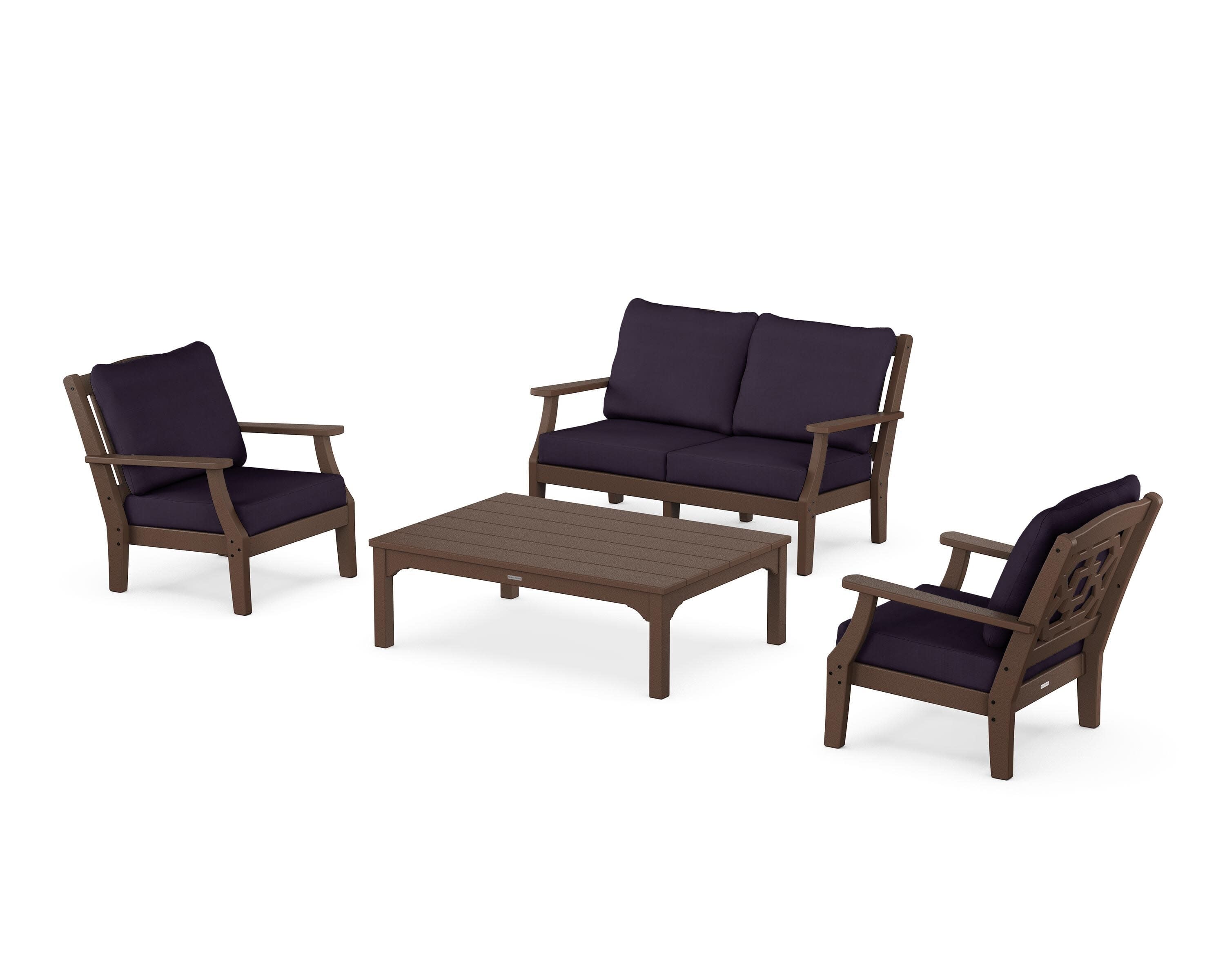 Chinoiserie 4-Piece Deep Seating Set with Loveseat in Mahogany / Navy Linen