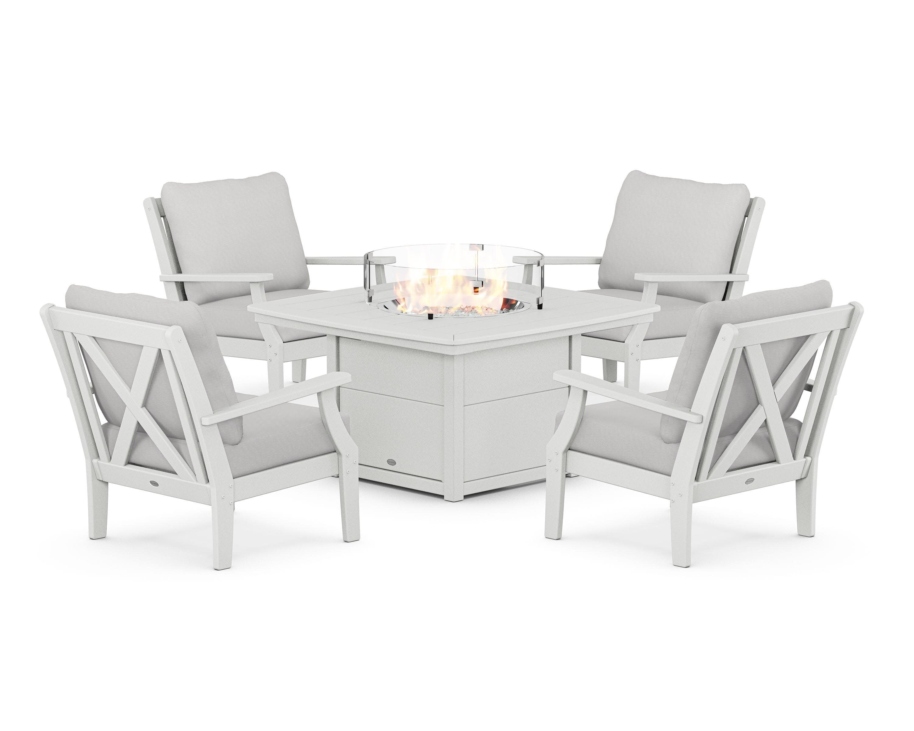Braxton 5-Piece Deep Seating Conversation Set with Fire Pit Table in White / Diamond in the Rough