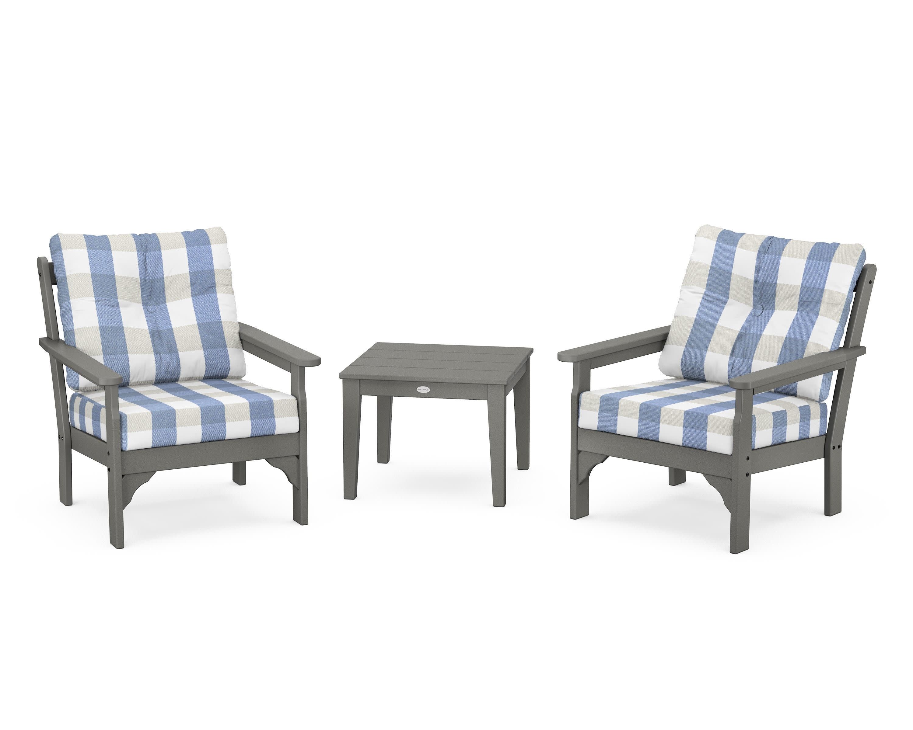 Vineyard 3-Piece Deep Seating Set in Slate Grey / Buffalo Plaid Sky Blue