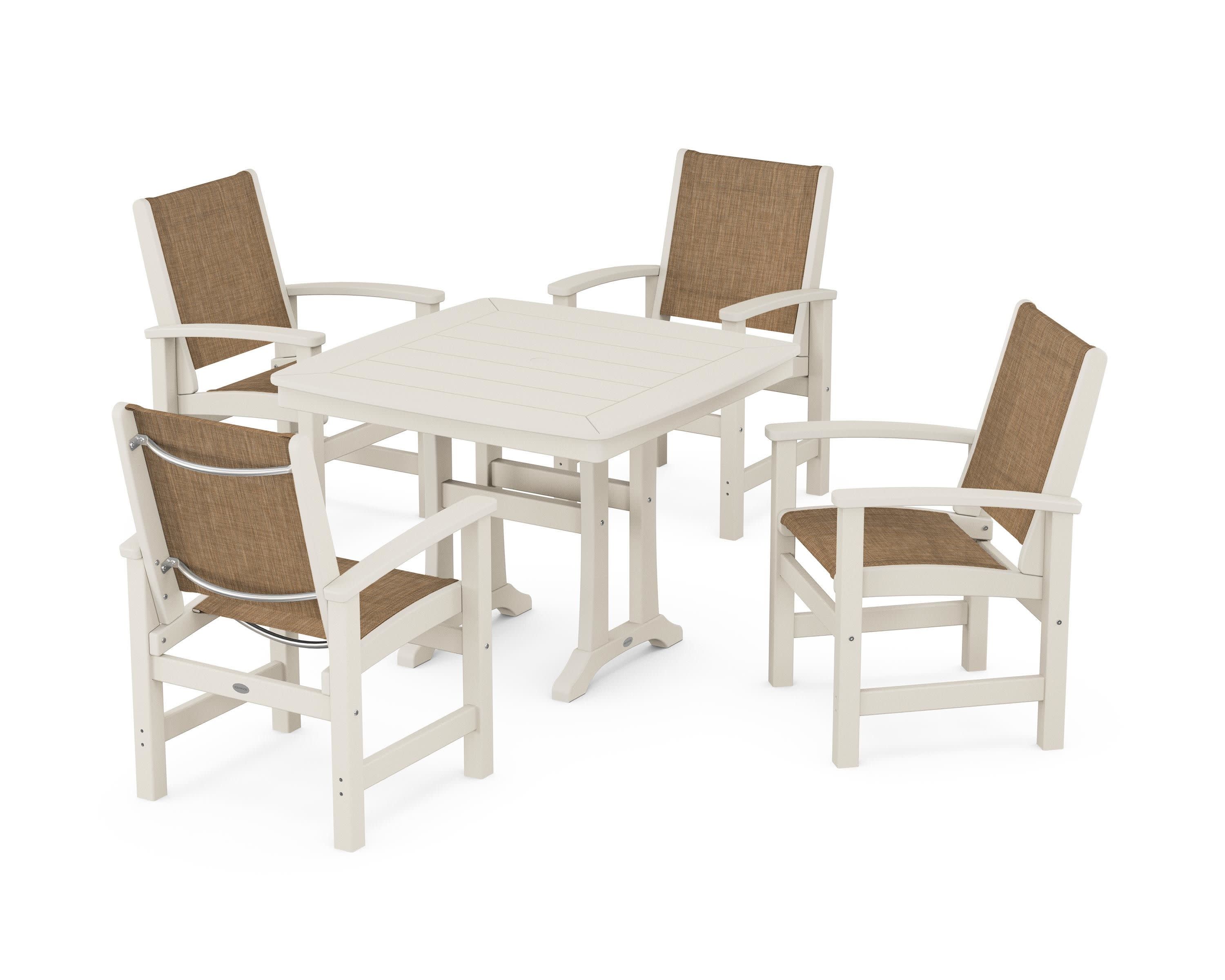 Coastal 5-Piece Dining Set with Trestle Legs in Sand / Burlap Sling