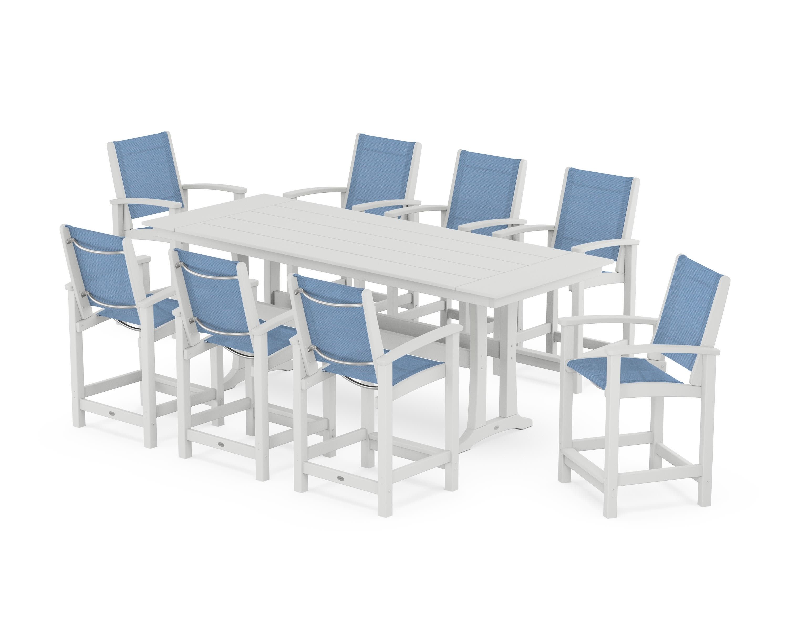 Coastal 9-Piece Farmhouse Counter Set with Trestle Legs in White / Poolside Sling