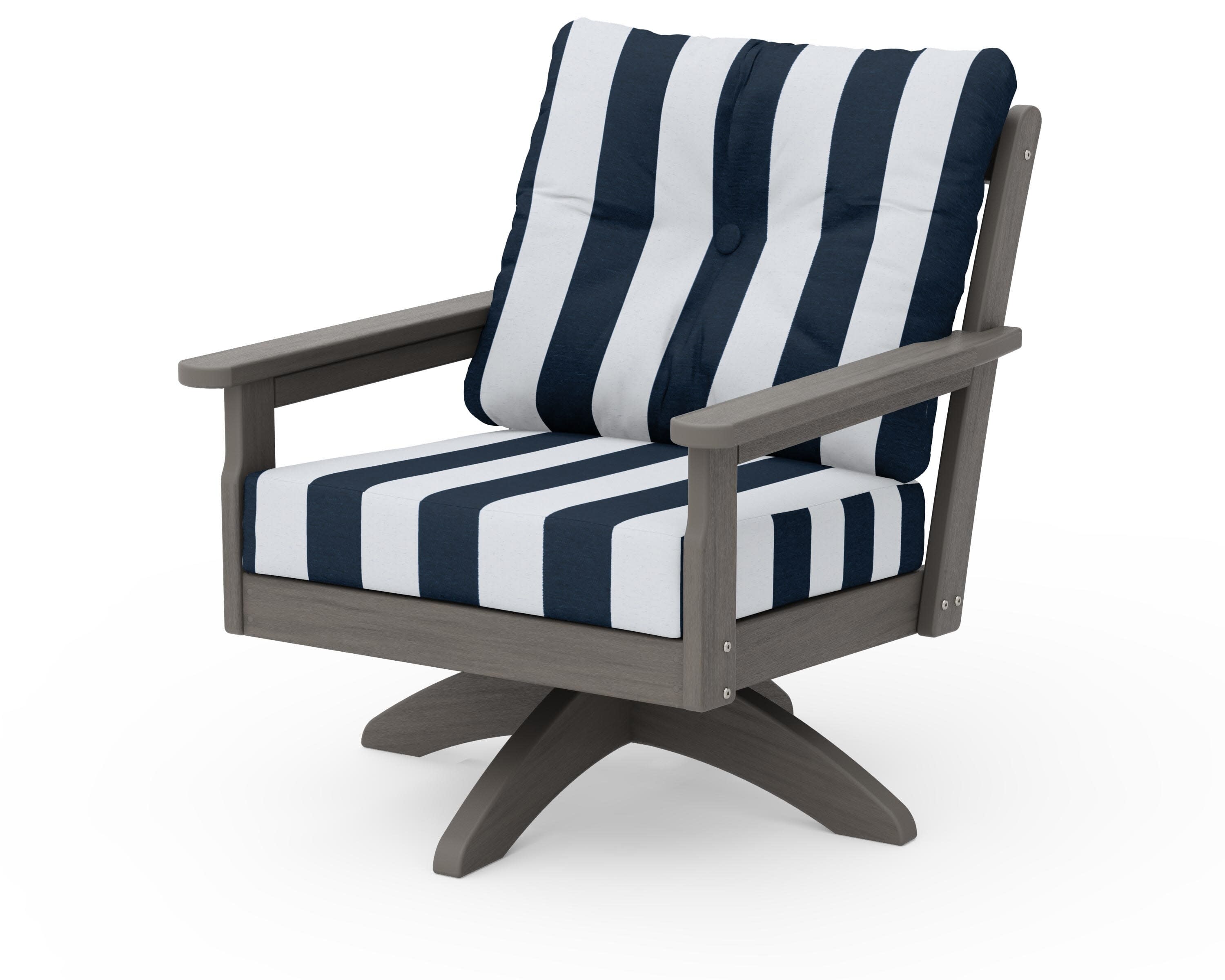 Vineyard Deep Seating Swivel Chair in Driftwood / Cabana Stripe Marine Indigo