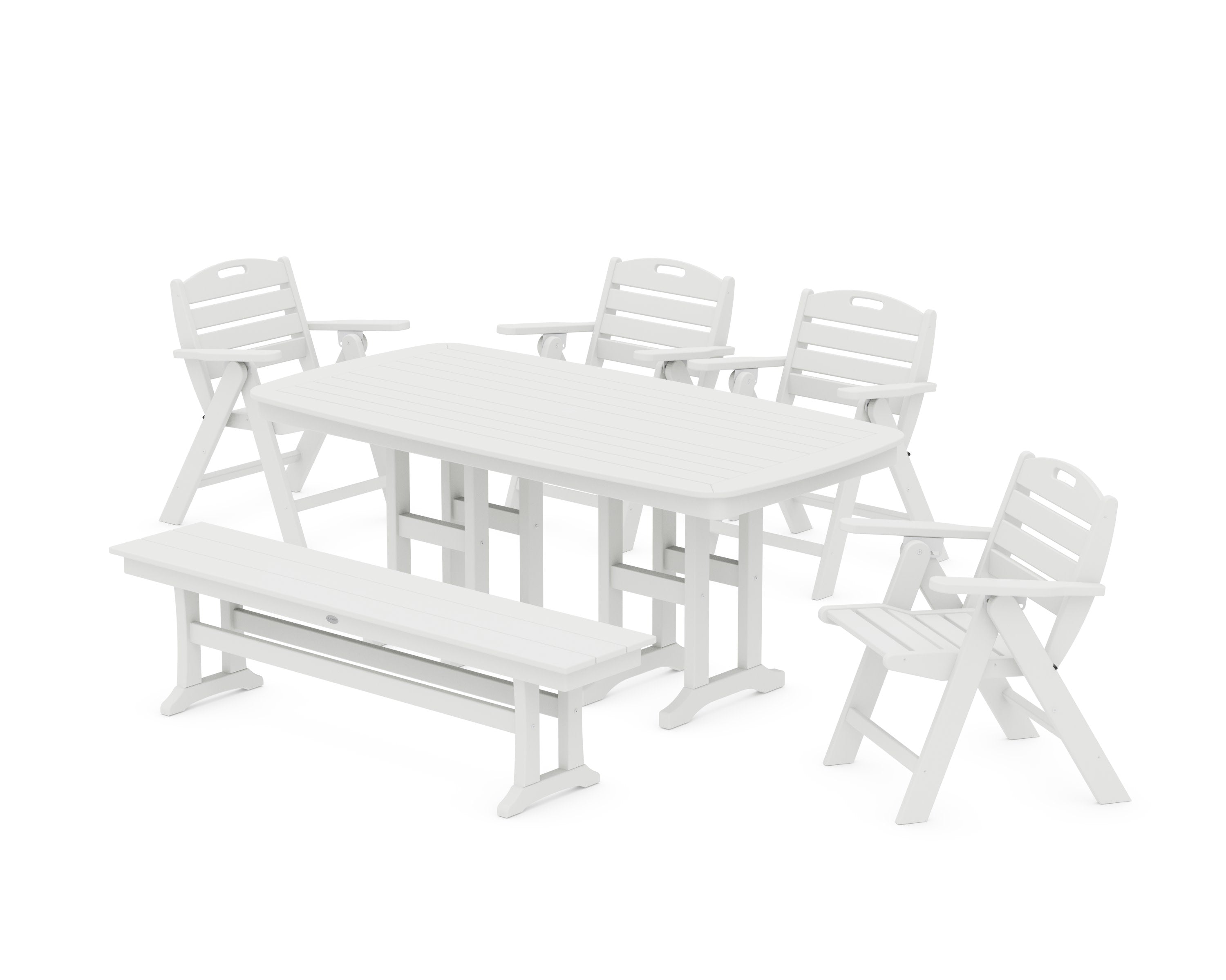 Nautical Lowback 6-Piece Dining Set with Bench in White