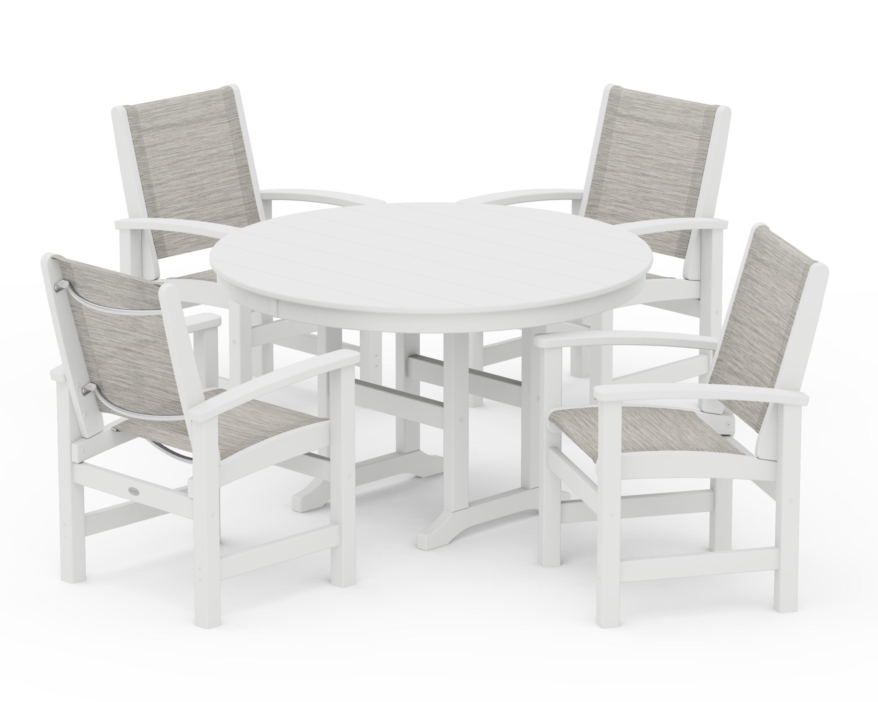 Coastal 5-Piece Round Farmhouse Dining Set in White / Birch Sling