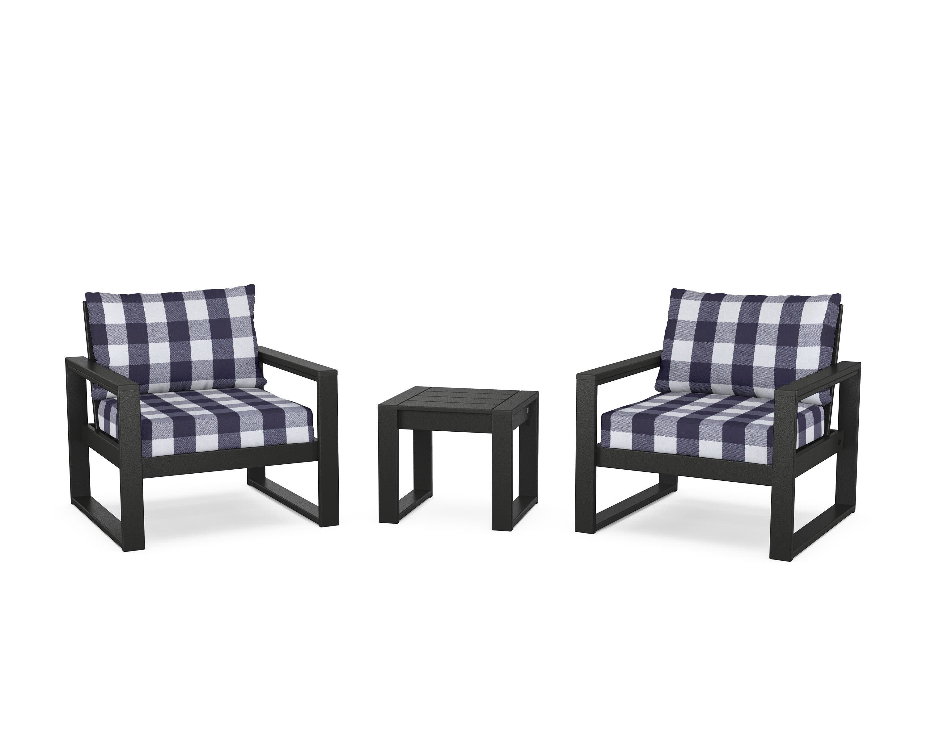 EDGE Sectional 3-Piece Deep Seating Set in Black / Buffalo Plaid Navy