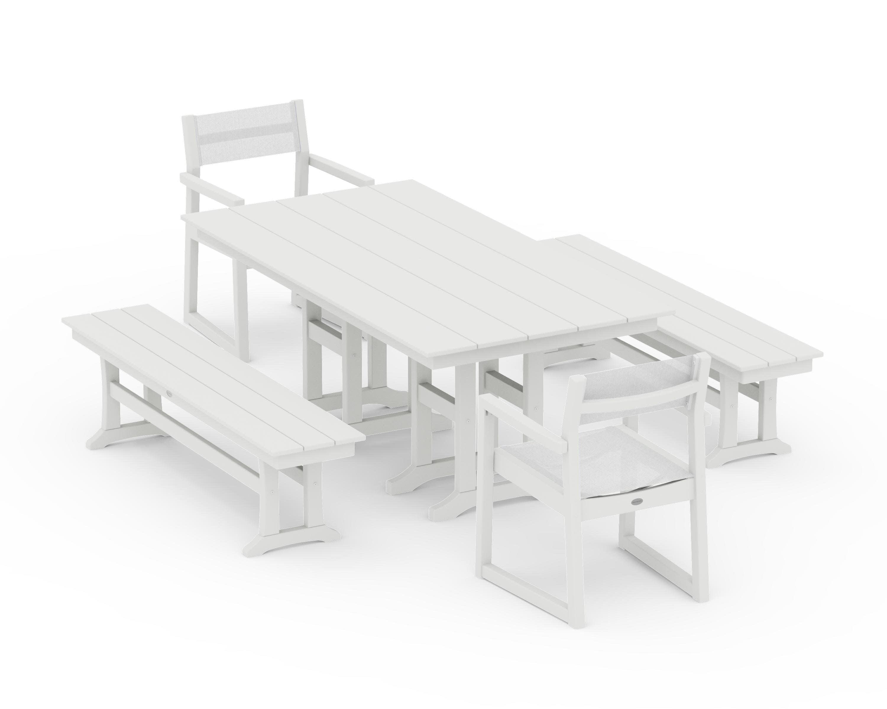 EDGE Sling Arm Chair 5-Piece Farmhouse Dining Set with Benches in Vintage White / White Sling