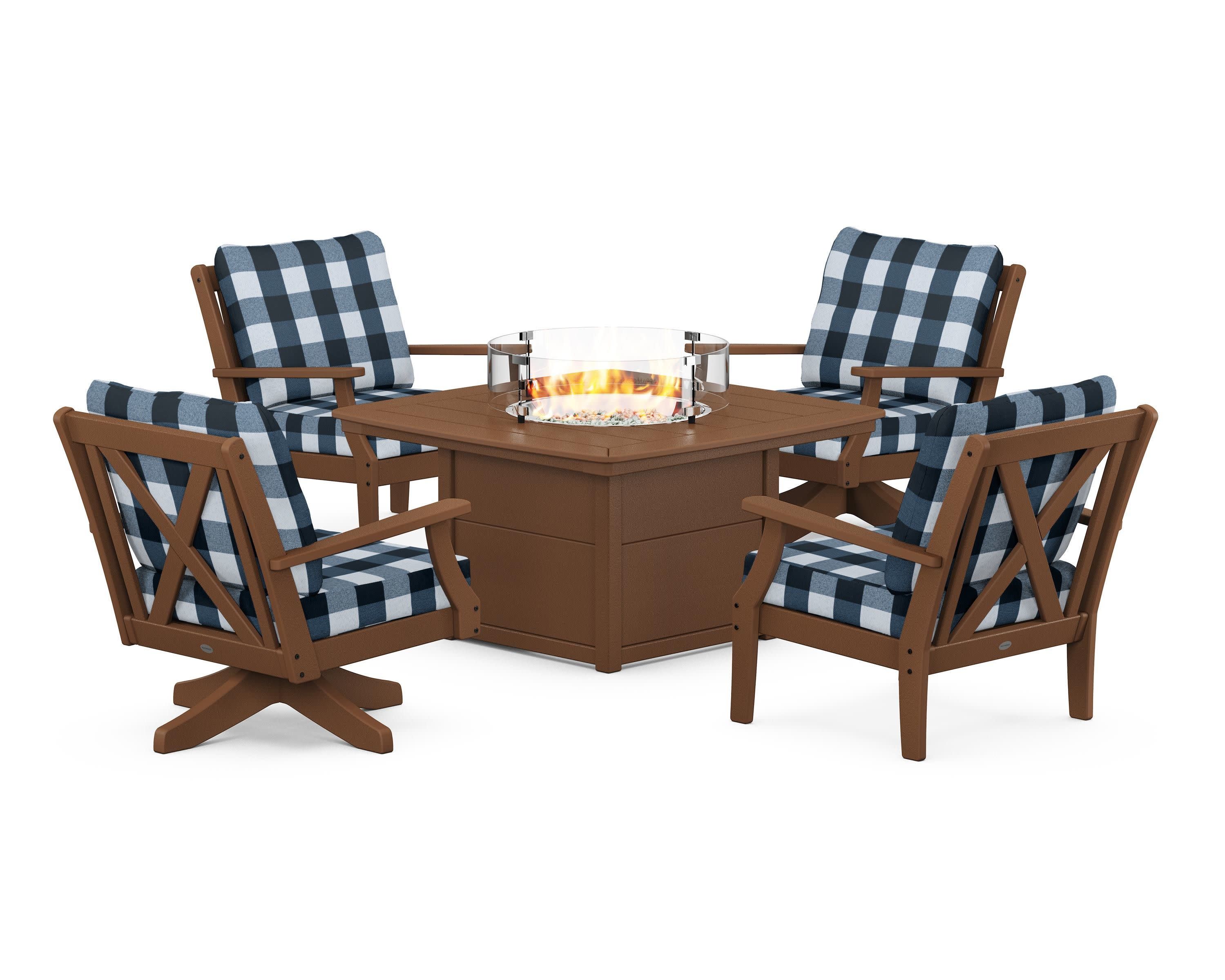 Braxton 5-Piece Deep Seating Set with Fire Table in Teak / Buffalo Plaid Marine Indigo