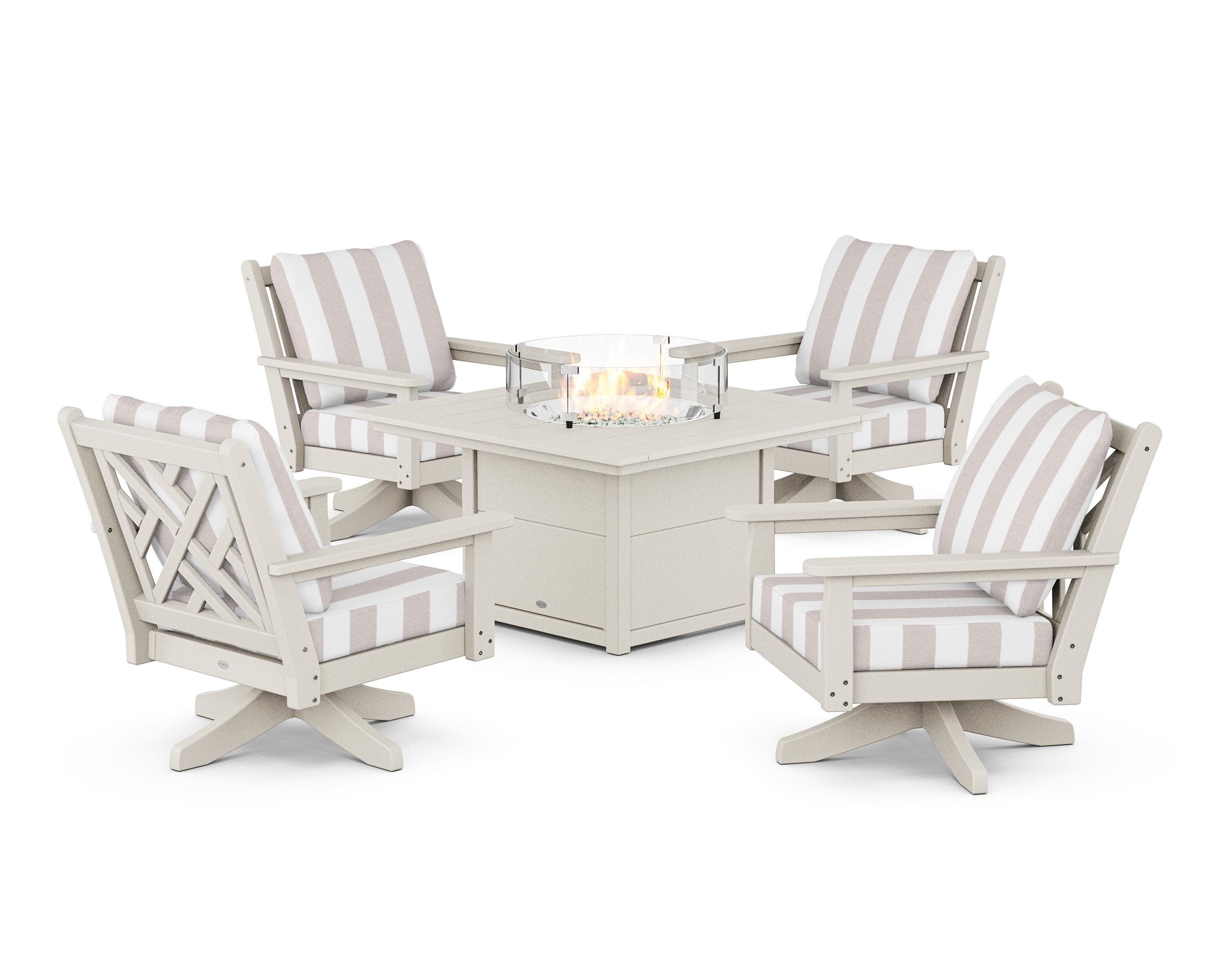 Chippendale 5-Piece Deep Seating Swivel Conversation Set with Fire Pit Table in Sand / Cabana Stripe Dune Burlap