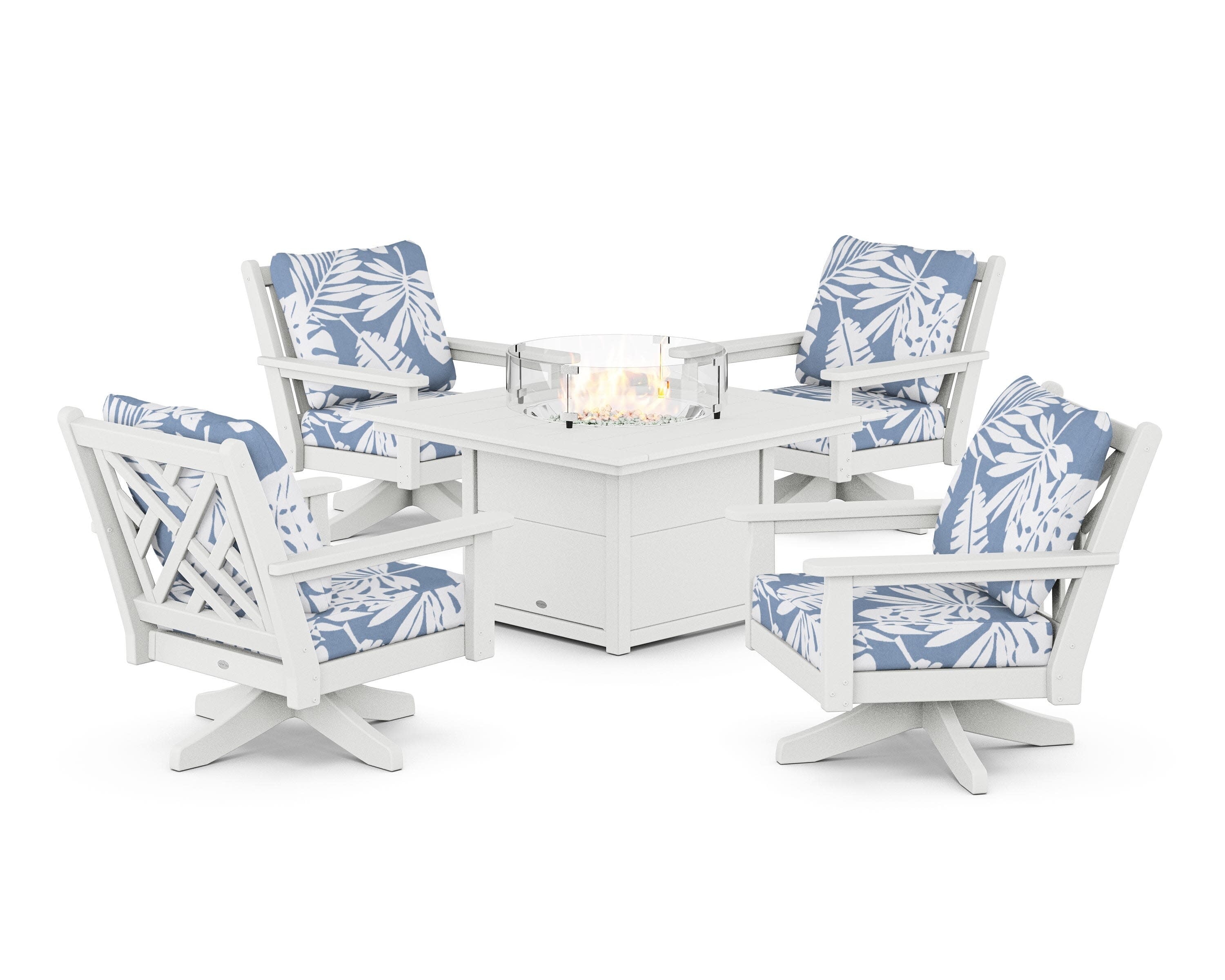 Chippendale 5-Piece Deep Seating Swivel Conversation Set with Fire Pit Table in White / Leaf Sky Blue