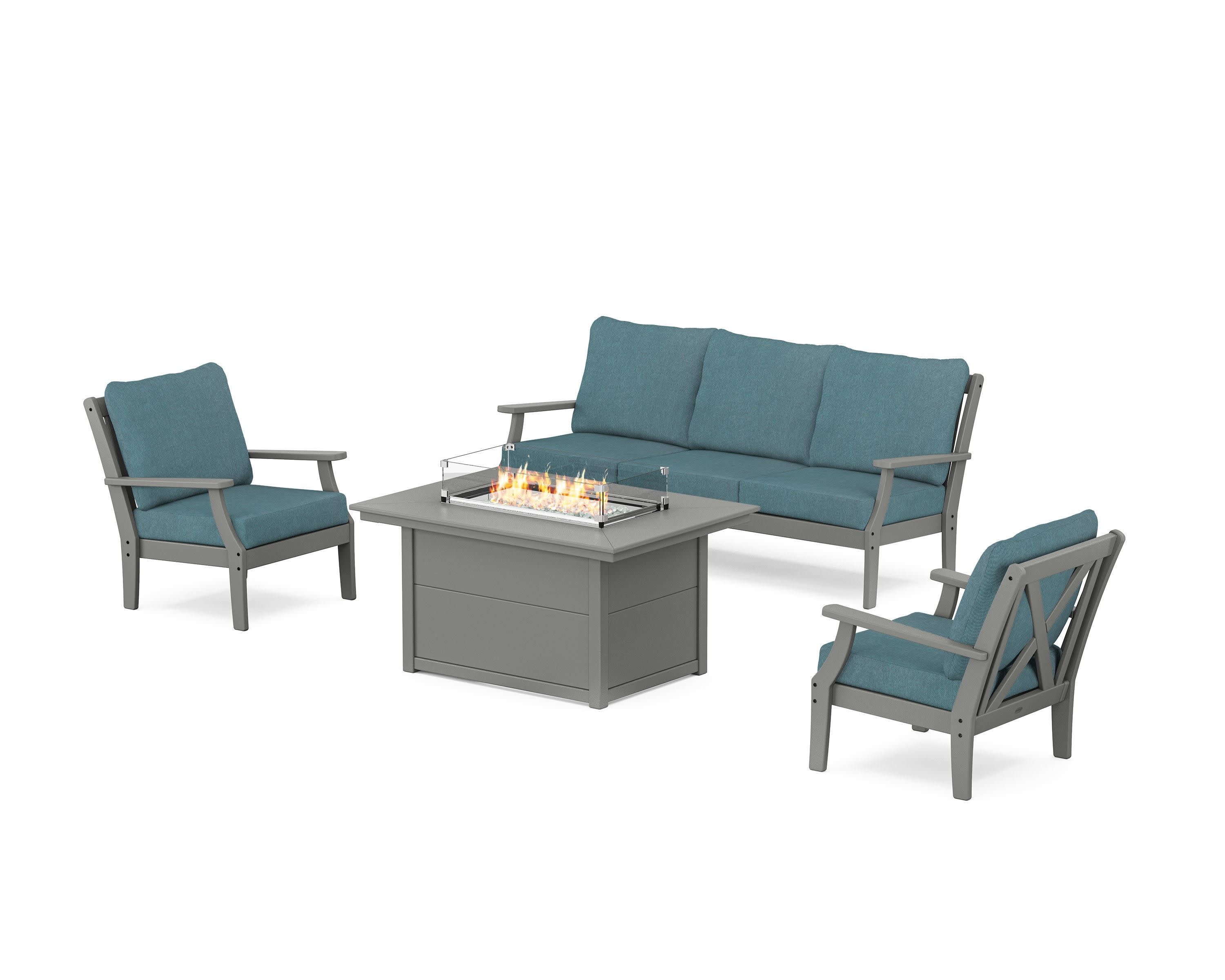 Braxton Deep Seating Fire Pit Table Set in Slate Grey / Ocean Teal