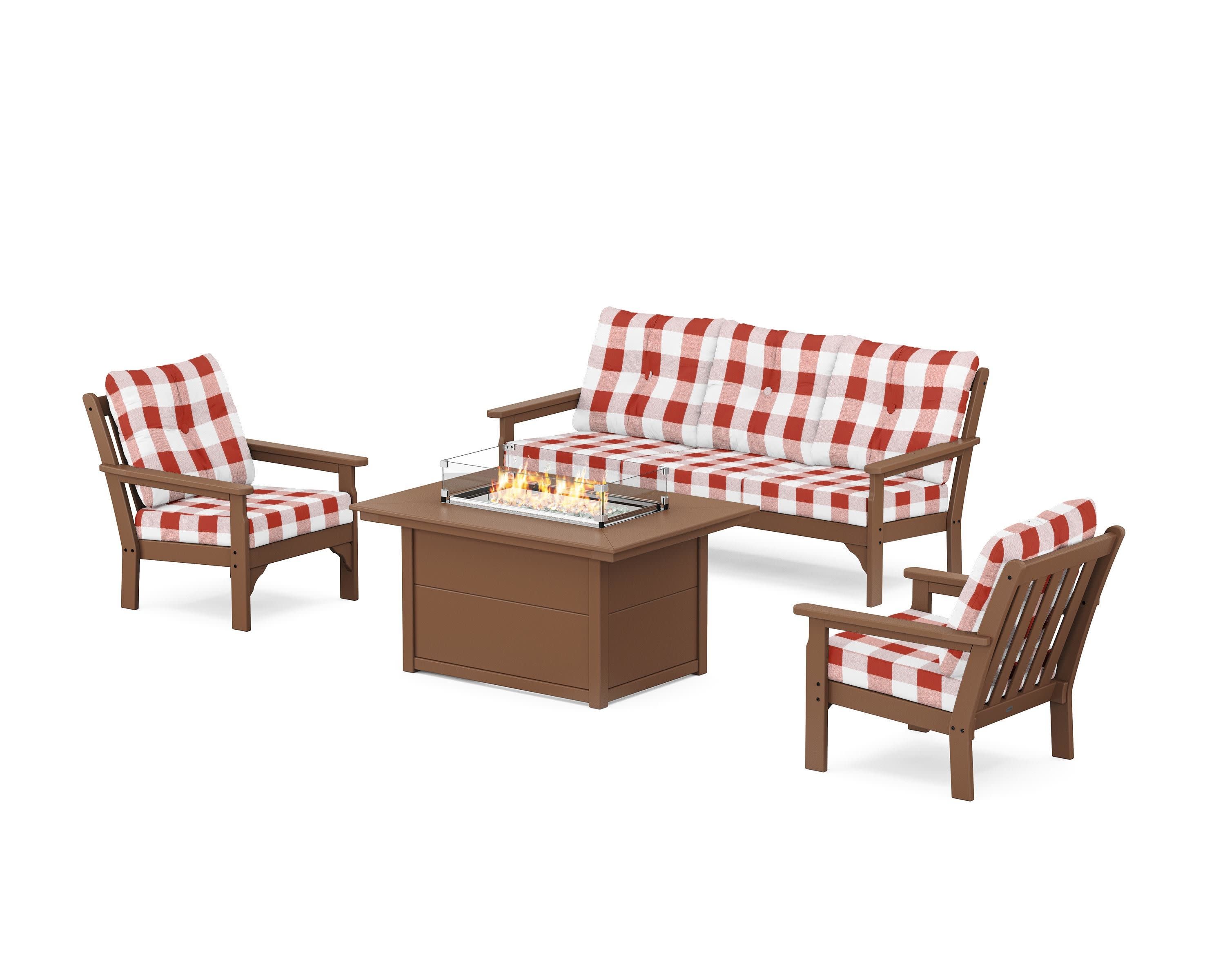 Vineyard Deep Seating Fire Pit Table Set in Teak / Buffalo Plaid Crimson