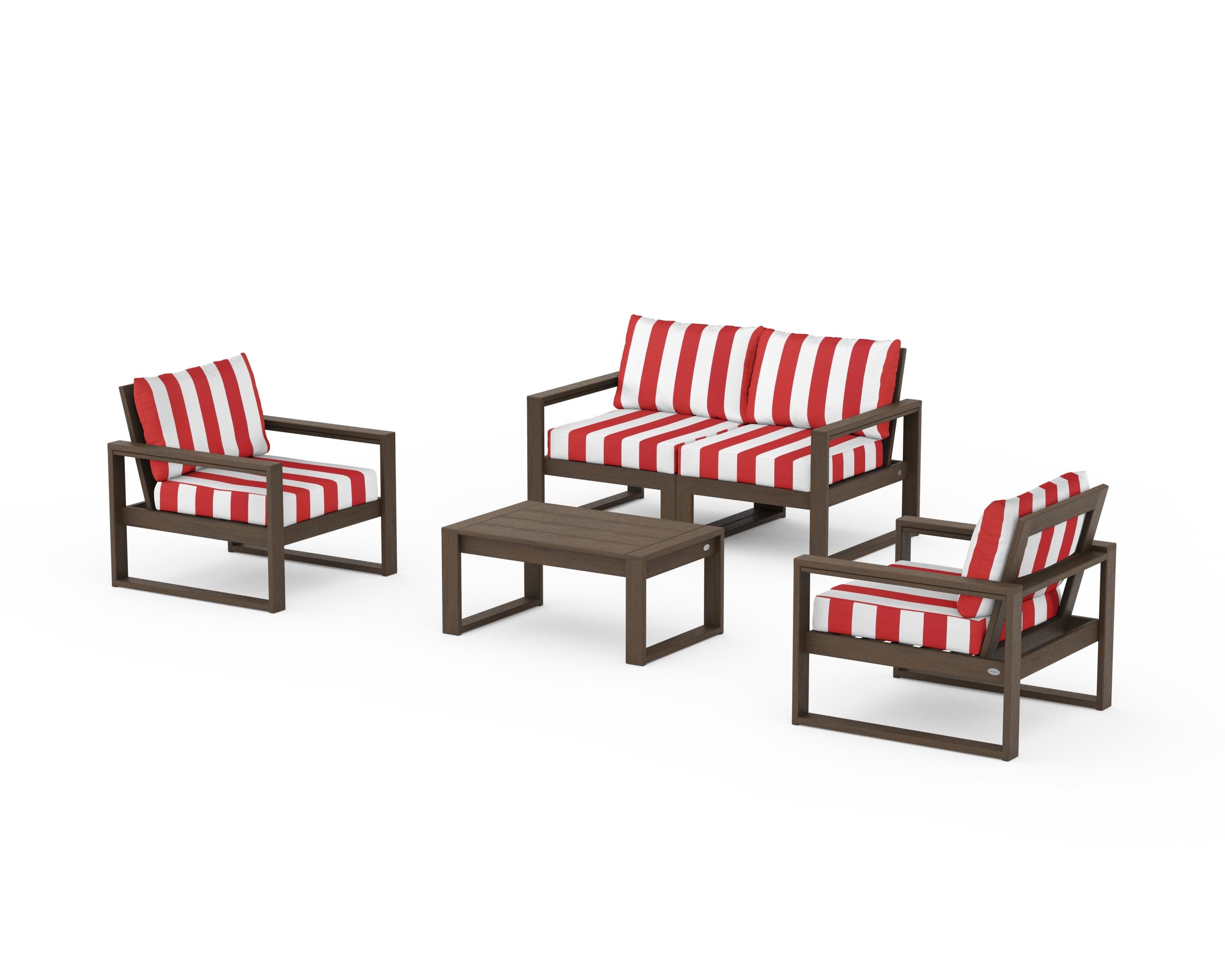 EDGE Sectional 4-Piece Deep Seating Set with Loveseat in Kona / Cabana Stripe Crimson