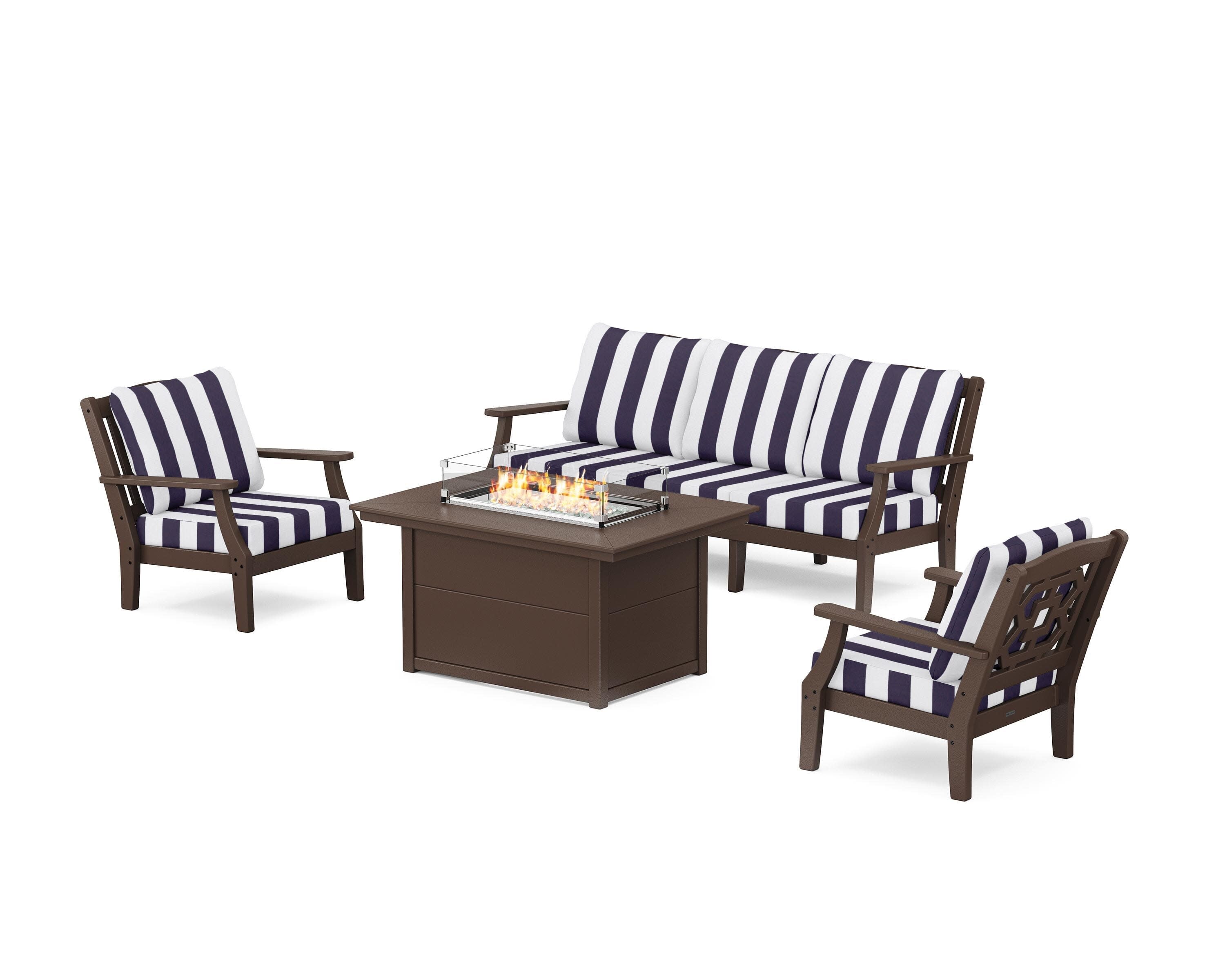 Chinoiserie Deep Seating Fire Pit Table Set in Mahogany / Cabana Stripe Navy