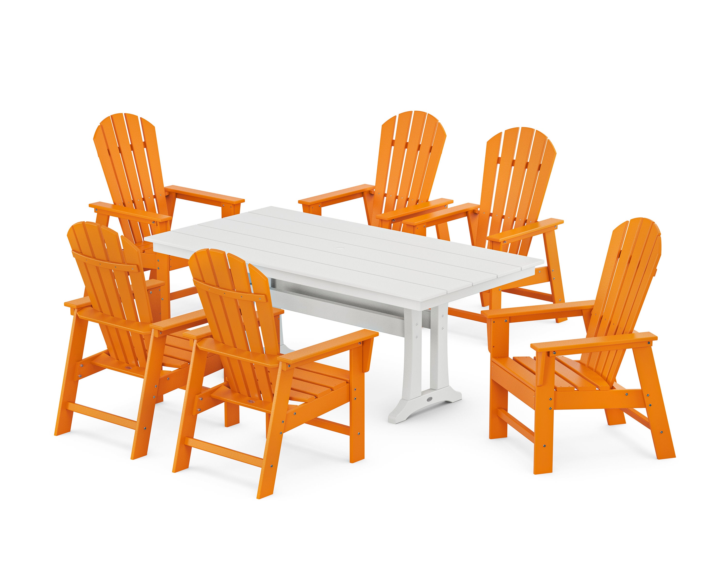 South Beach 7-Piece Farmhouse Dining Set with Trestle Legs in Tangerine / White